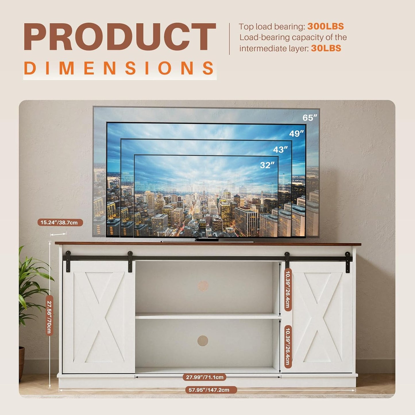 Sweetcrispy TV Stand for Televisions up to 65 Inch Farmhouse Entertainment Center with Storage Cabinets Sliding Barn Doors Modern Living Room Furniture Media Console Table for Bedroom, White