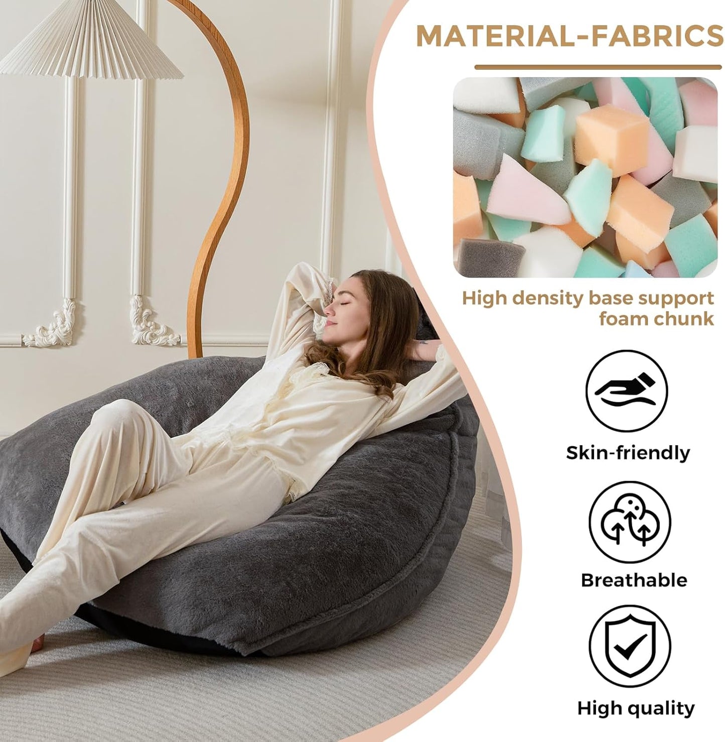 BYBYME Bean Bag Chairs Sherpa Lazy Sofa, Giant Beanbag Chairs for Adults, Teenagers with Stuffed High Density Foam Filling, Comfy Chair for Living Room, Bedroom