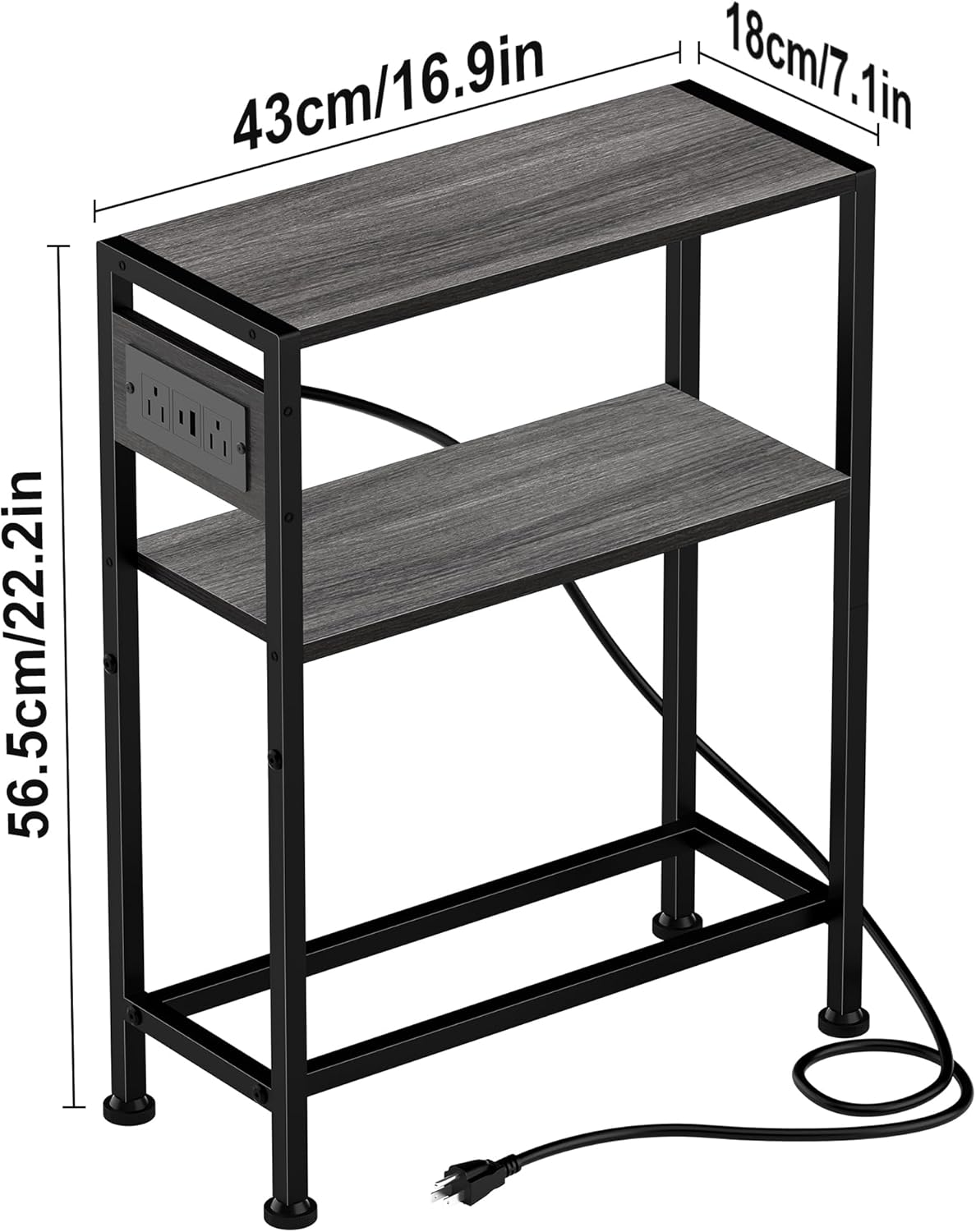 Small Narrow Side Table with Charging Station, Skinny End Table for Small Spaces, Slim Nightstand with Outlets, Sofa Bedside Table in Living Room, Bedroom, Study, Kitchen and Balcony(Grey)