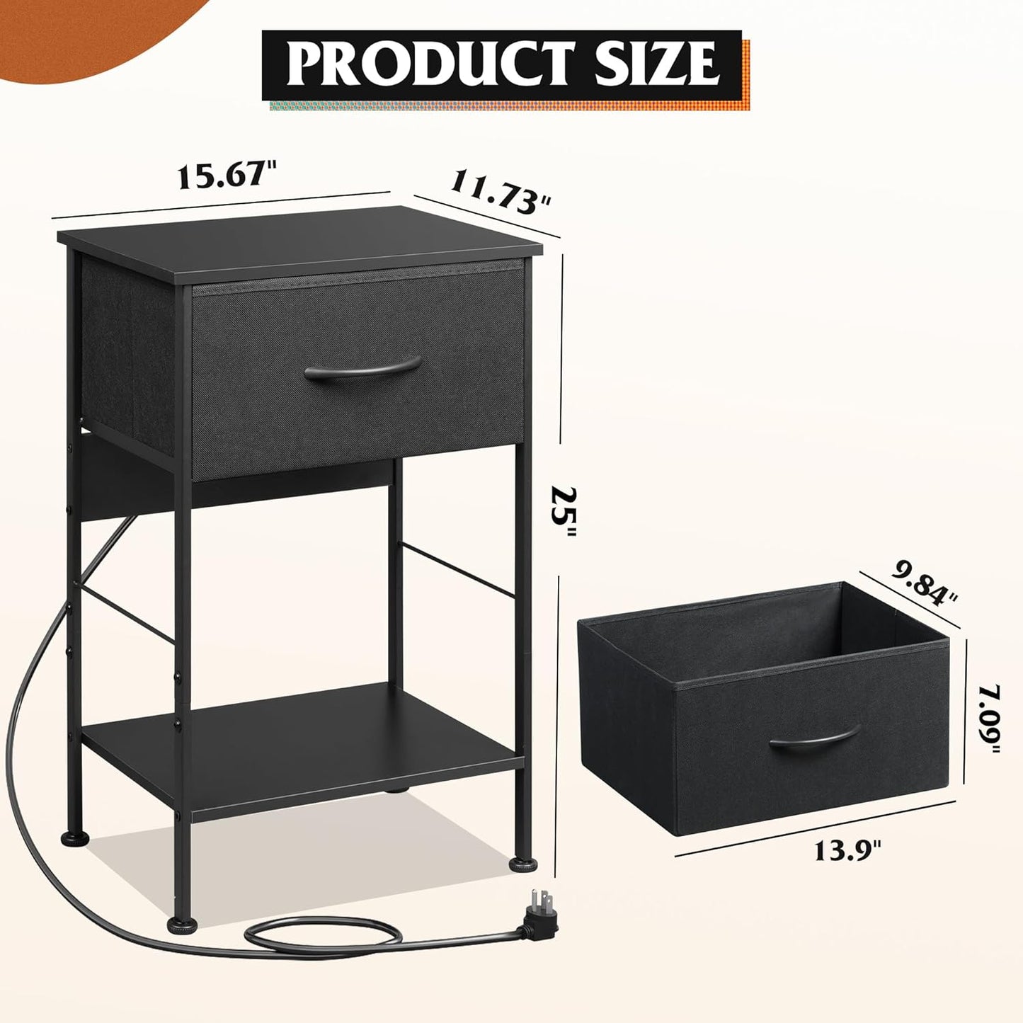 WLIVE Night Stand with Charger Station, Small Nightstand with 1 Fabric Drawer and Open Wood Shelf, 25" H Bedside Table for Bedroom, 2-Tier Storage Side Table for Dorm, Entryway, Black