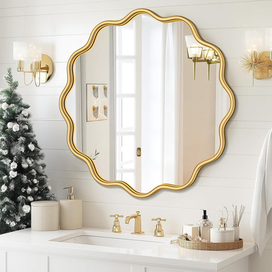 PROHOMEWARE Gold Round Mirror 30 Inch Wavy Bathroom Vanity Mirror Gold Frame Modern Wall Mirror Decorative Wall-Mounte Anti-Rust, Tempered Glass
