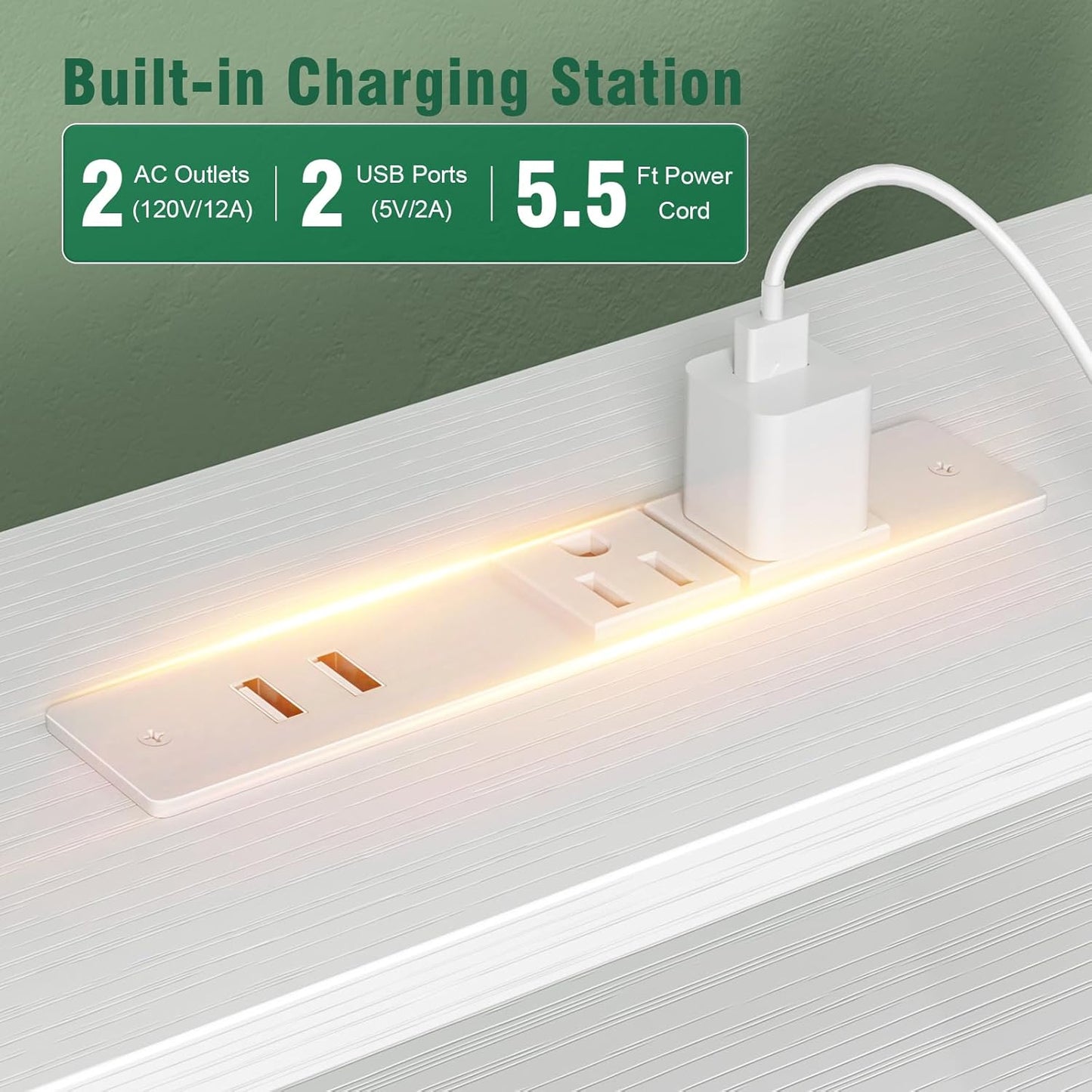 Computer Gaming Desk with Hutch, Home Office Desk with Power Outlets, LED Light, 5 Storage Drawers, 2 Tiers Shelves for Display, 47 Inch Modern Study Writing Table for Bedroom, White