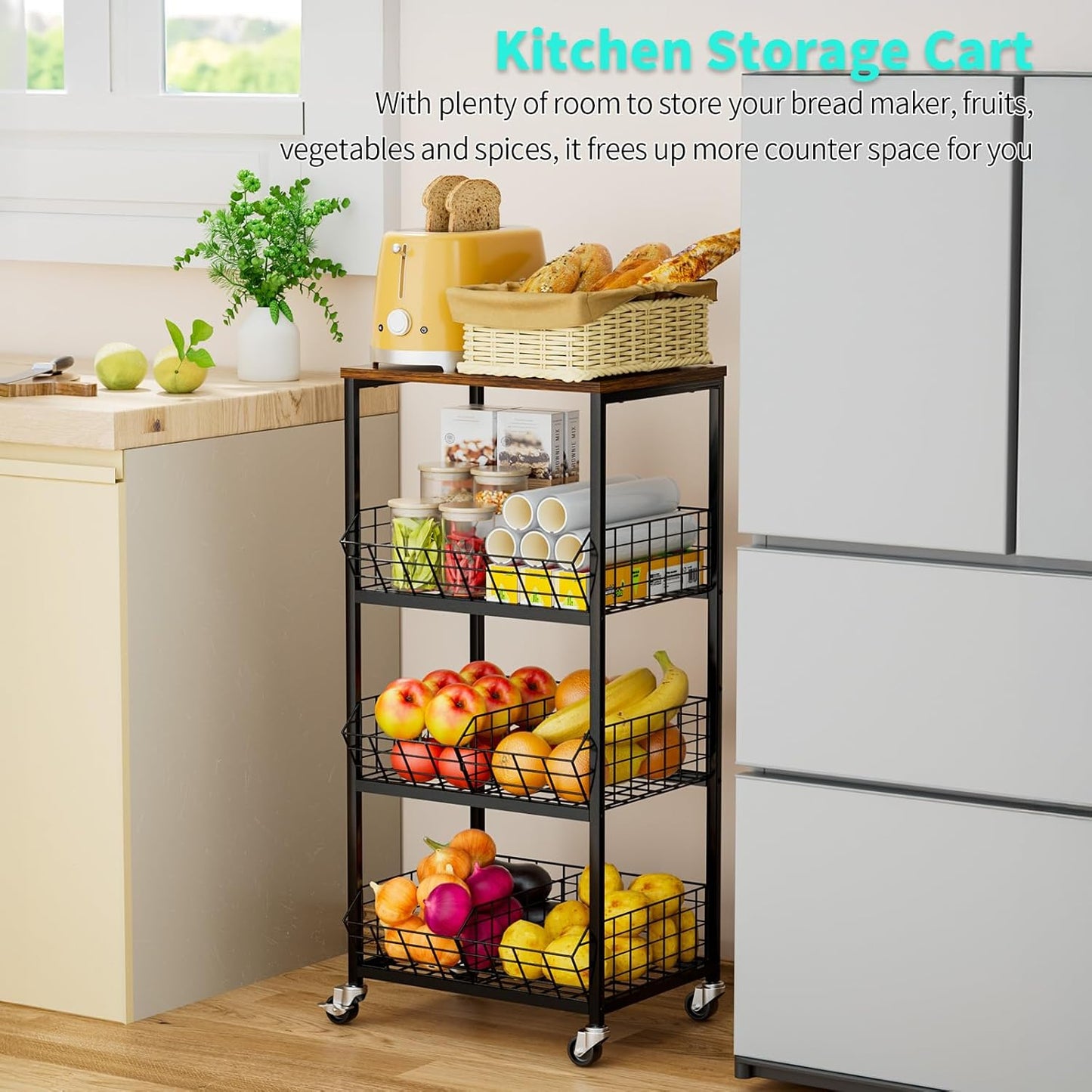 HapiRm Kitchen Fruit Vegetable Cart - 4 Tier Rolling Storage Rack with Wheels and Dividers, Coffee Station Cart Rack Shelf Organizer for Onion, Potato, Snack, Fruit, Vegetable Storage Stand, Black