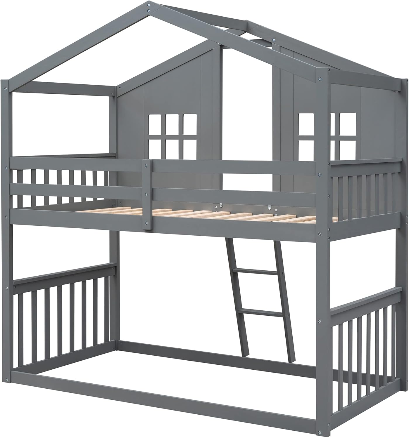 Ball & Cast Twin Over Twin Size House Bunk with Ladder and Window,Wood Bunkbed w/Full-Length Guard Rail & Ladder,Slat Support,Space Saving,Bedroom Furniture for Student Dorms,Gray