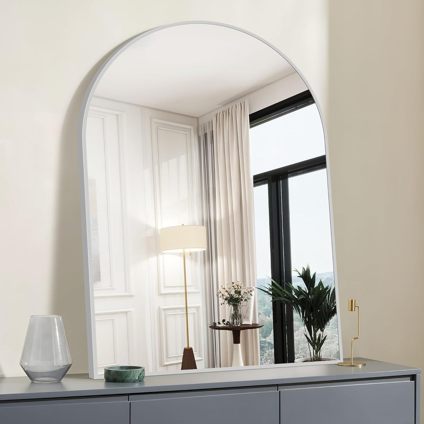 Arched Bathroom Mirror, 36x48IN Silver Bathroom Mirror with Metal Frame, Wide Wall Mounted Mirrors Decor Modern Dresser Mirror for Bedroom Living Room Entryway