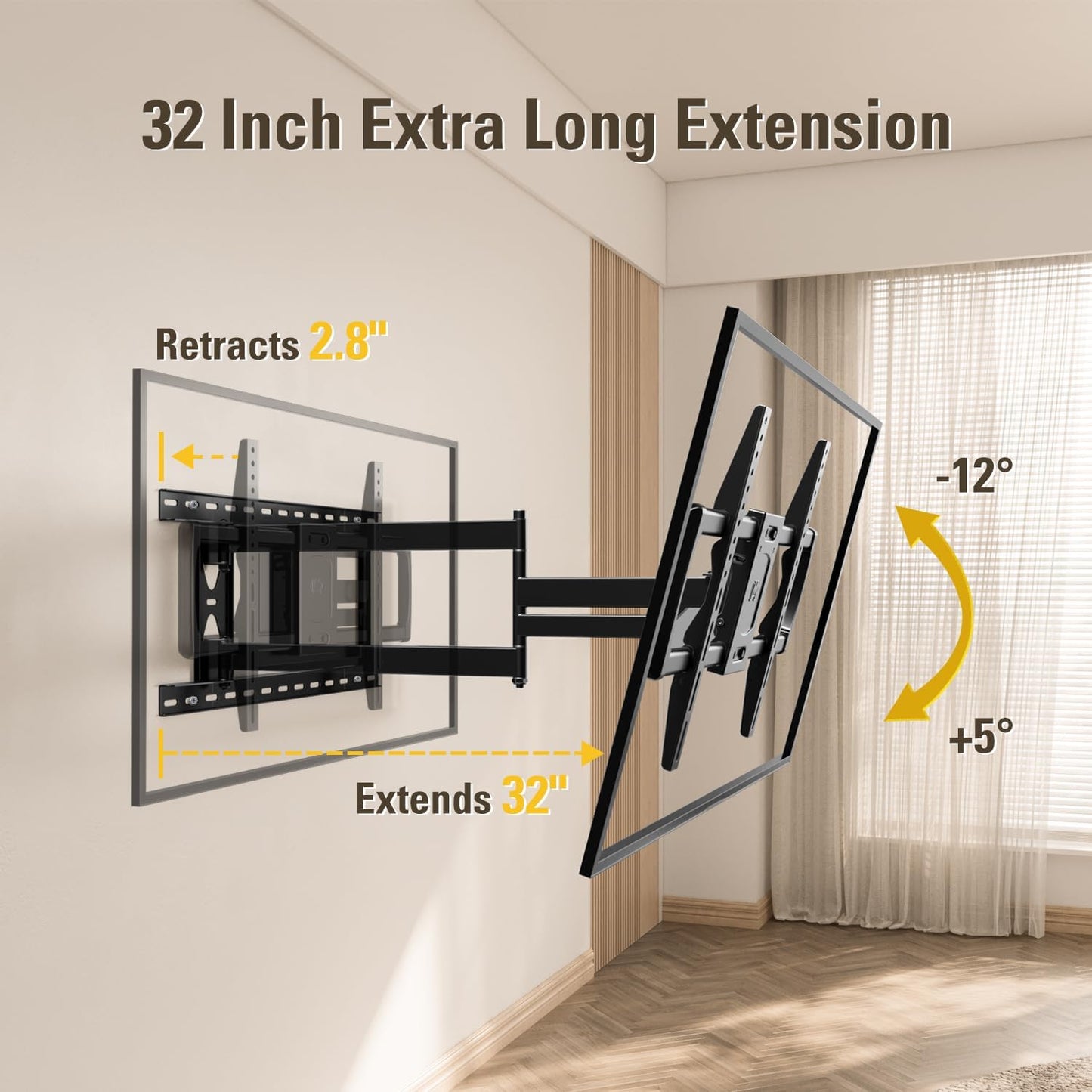 Mounting Dream Long Arm TV Wall Mount for 37-75 Inch TV, Corner TV Wall Mount with 32” Long Extension, Full Motion TV Mount Swivel & Tilt, Fits Max VESA 600x400mm,100 lbs, 16”,18”,24” Studs MD2285-LA