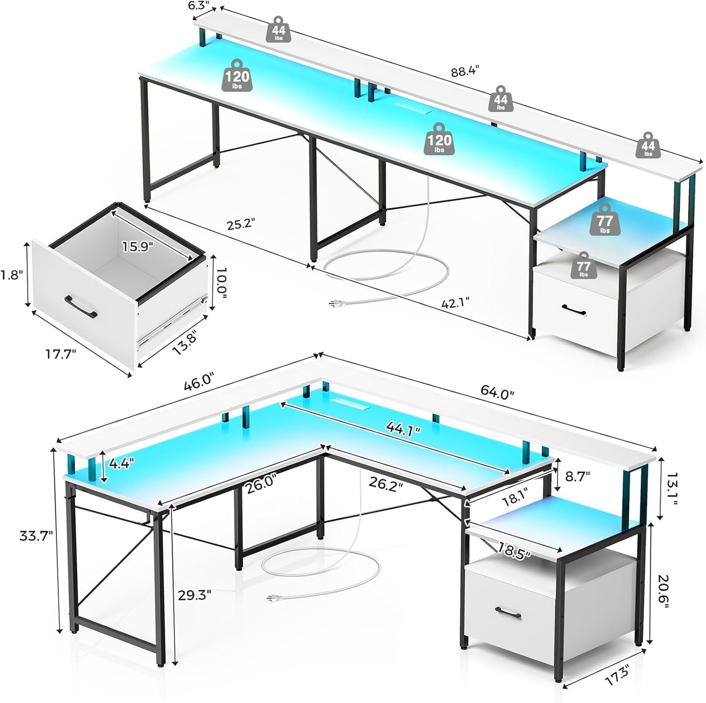 Rolanstar Computer Desk with File Drawer, 64" L Shaped Desk with Power Outlet & LED Strip, L Shaped Computer Corner Desk with File Cabinet, Gaming Desk with Monitor Shelf, Home Office Desk, White