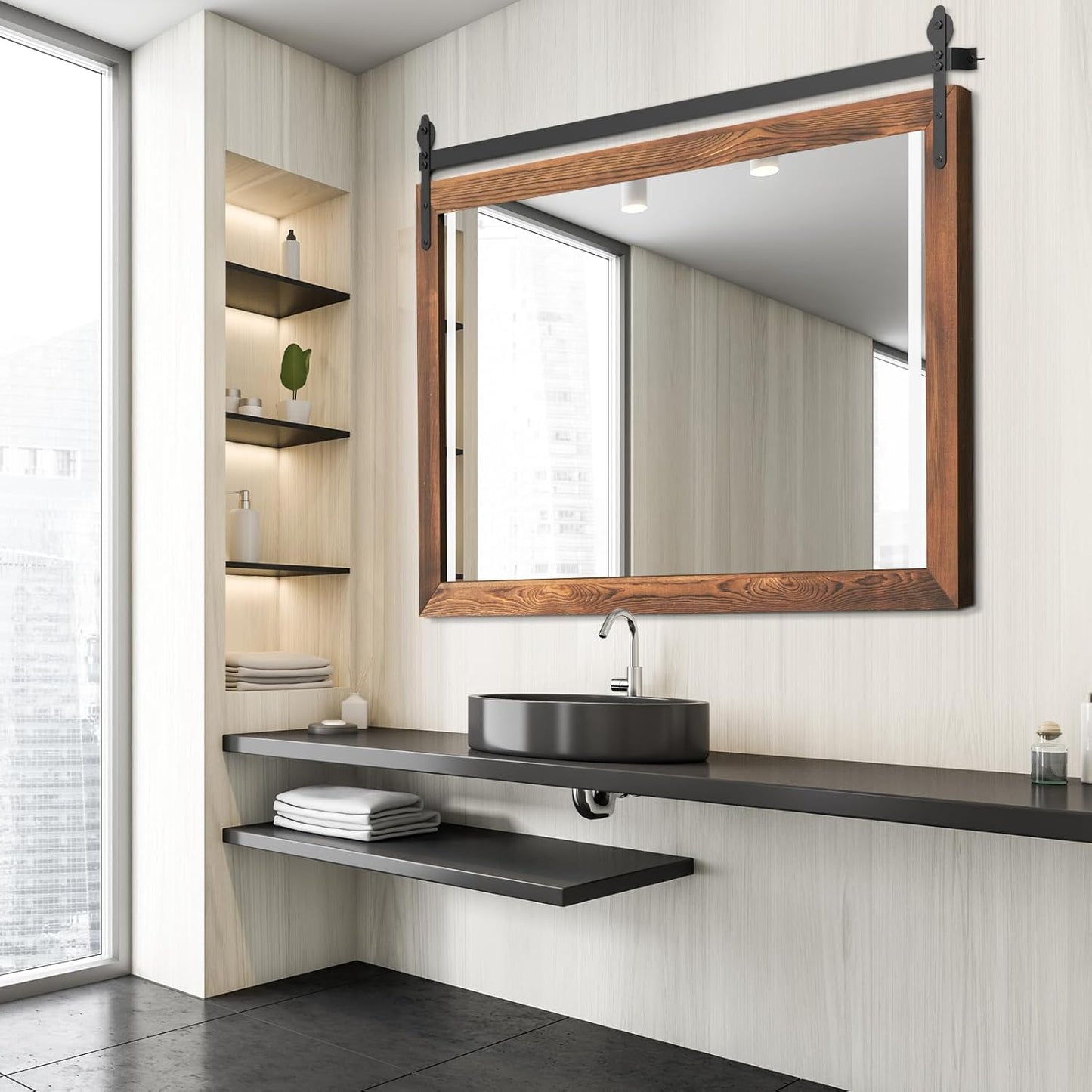 YOSHOOT Farmhouse Barn Door Wall Mirror, 40"x26" Rustic Wood Framed - Vintage Style for Bathroom, Living Room or Entryway, Brown, Horizontal Hanging ONLY