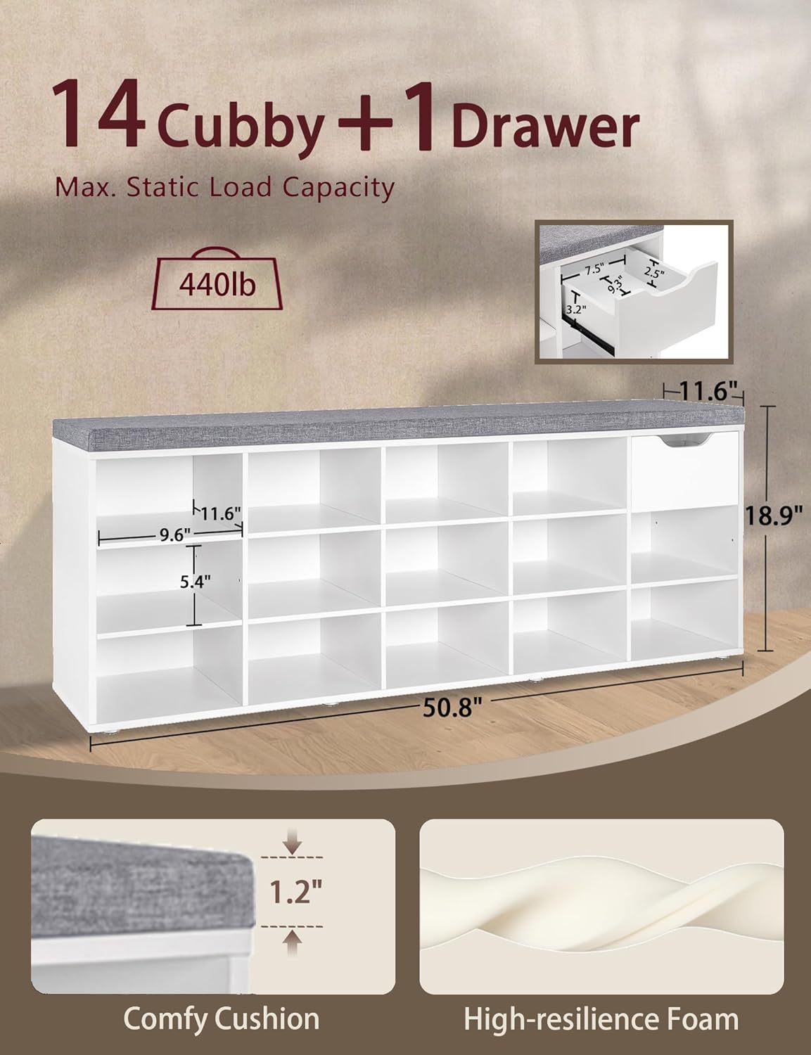 DINZI LVJ Shoe Bench, Entryway Storage Bench with Drawer and 14 Cubbies, Long Cubby Shoe Rack with Adjustable Shelves, Organizer for Living Room, Bedroom, Mudroom, Garage, White