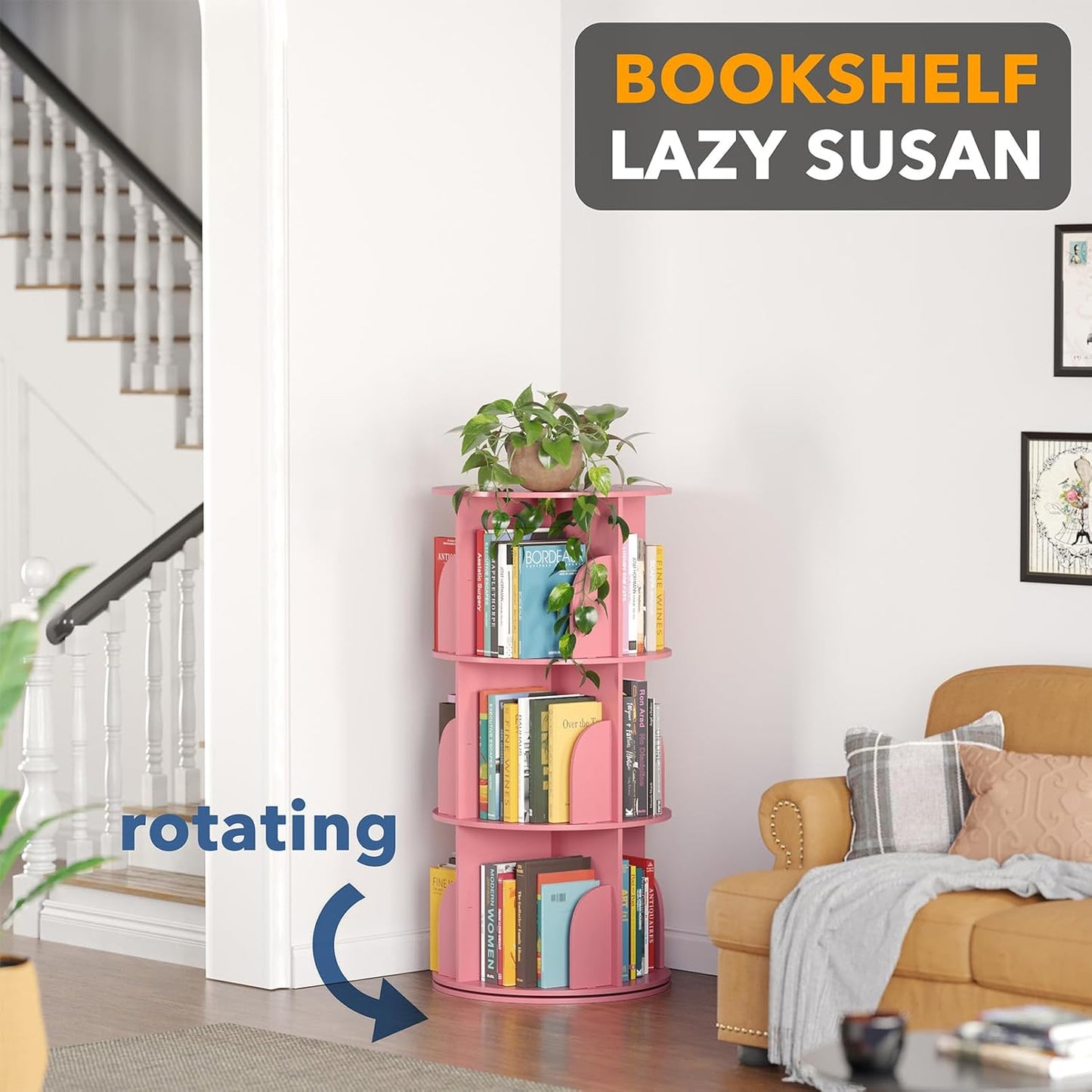 SpaceAid 3 Tier Rotating Bookshelf Tower, Spinning Bookcase Lazy Susan, Revolving 360 Book Shelf Storage Round Carousel, Vertical Rotate Turning Spiral Corner Organizer, Pink