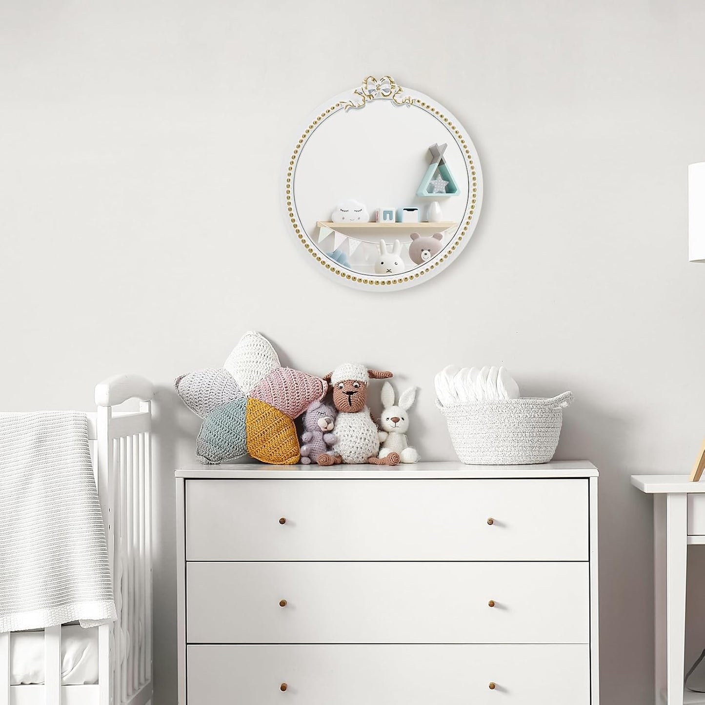 Vintage Round Wall Mirror 11.8inch Small Farmhouse Wooden Vanity Mirror for Wall Decor, Decorative Antique White Nursery Mirrors, Traditional Art Home Bow Decor for Living Room,Bedroom