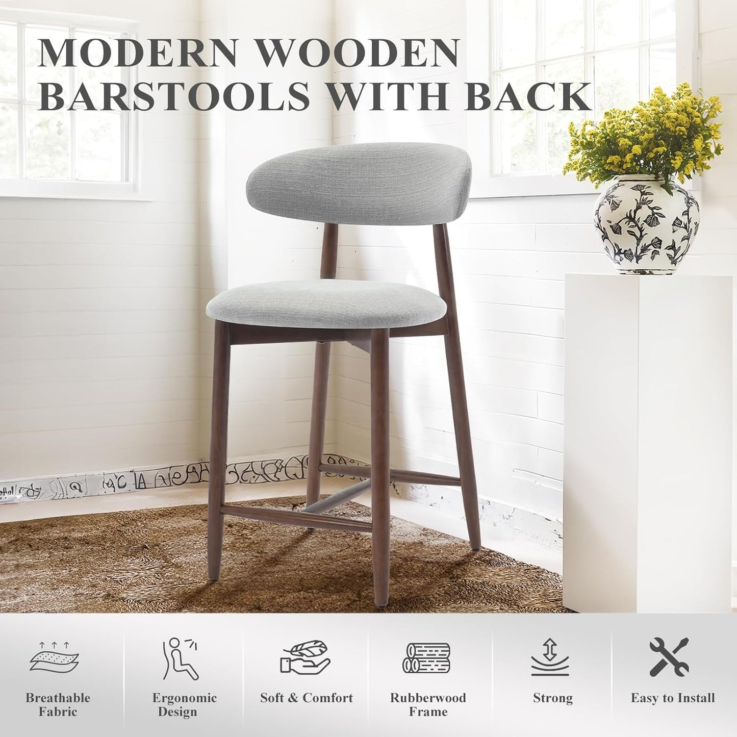 COLAMY Bar Stools Set of 6, Counter Height Bar Stools, Wood Bar Stools with Back, Upholstered Wooden Barstools for Island Dining Room Bar, Light Grey