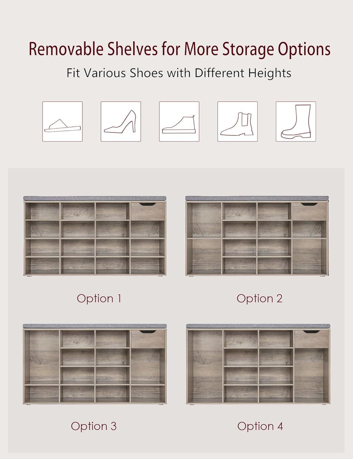 DINZI LVJ Shoe Bench, Entryway Storage Bench with Drawer and 15 Cubbies, Cubby Shoe Rack with Adjustable Shelves, Shoe Organizer Cabinet for Living Room, Bedroom, Mudroom, Closet and Garage, Greige