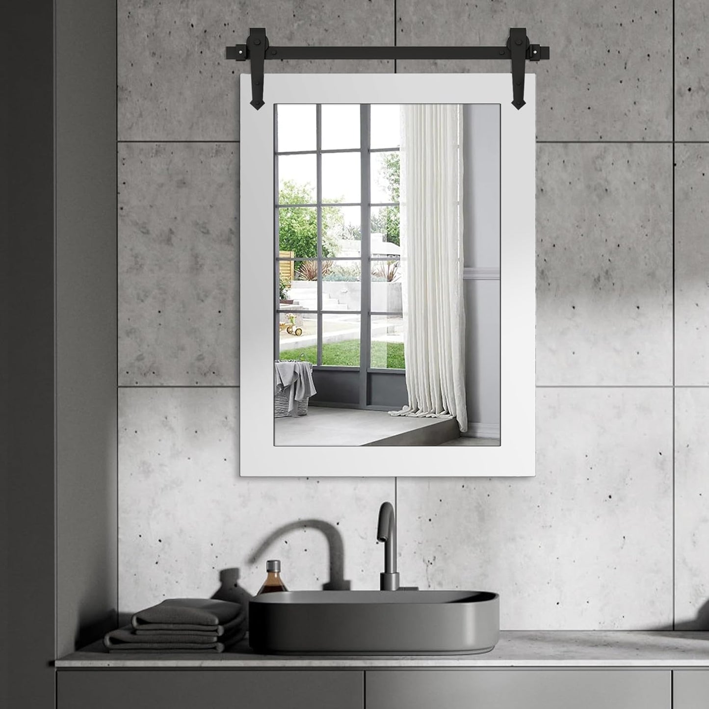 Farmhouse Bathroom Mirror for Over Sink 22”x32” Wood Frame Rustic Barn Door Bathroom Vanity Mirror, Wall Mirror for Bathroom, Living Room, Bedroom, Entryway (Bright White)