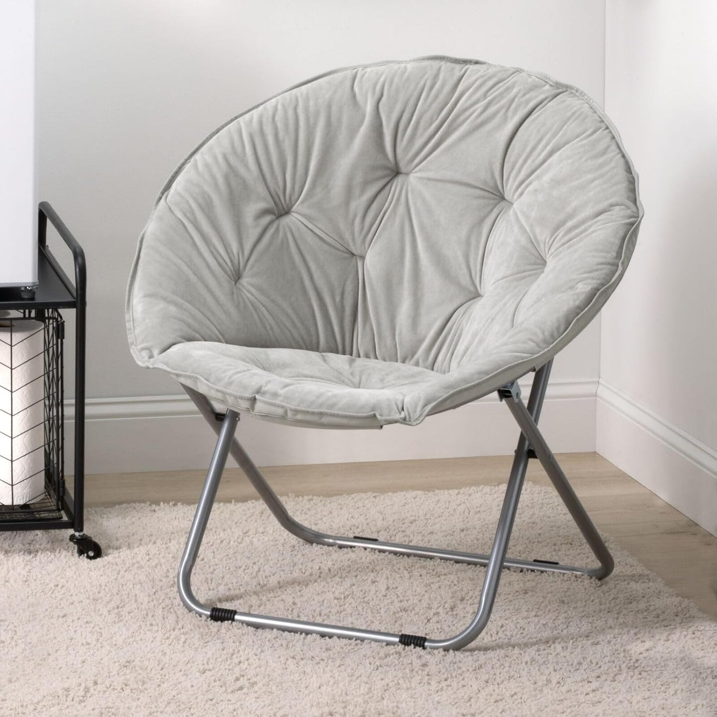 mDesign Urban Papasan Folding Moon Chair - Large Saucer UFO Chair with Collapsible Metal Frame - Fuzzy Foldable Dish Seat for Home Office, Living Room, Dorm Room, and Bedroom - Gray/Silver
