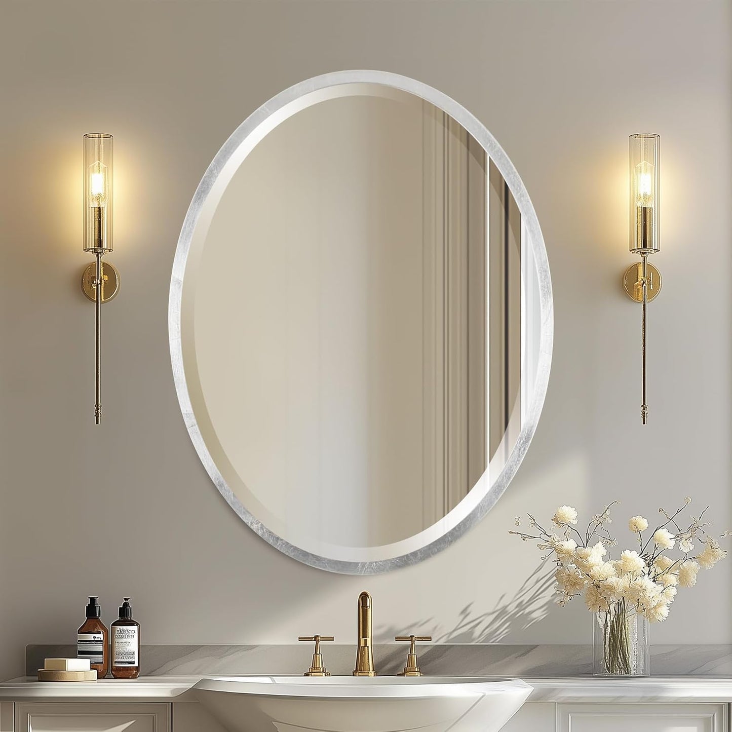 OVALCREST - Oval Wooden Beveled Wall Mirror for Home Decor, Bathroom, Vanity, Bedroom, Living Room, Hallway - London Style (Silver Leaf with Brown Antique) 25.1 x 31.1