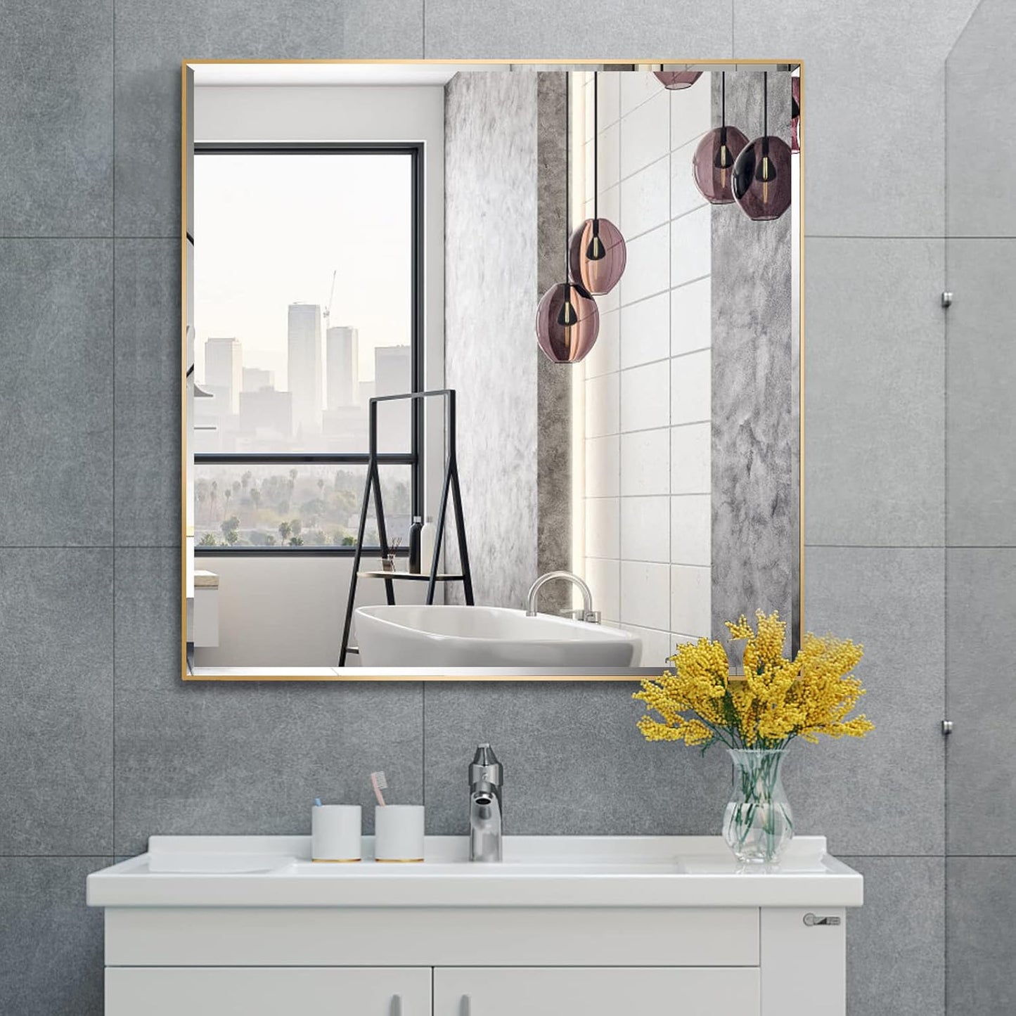 30x30 Inch Gold Mirror with Beveled Trim, Aluminum Frame Bathroom Vanity Mirror, Copper-Free Mirror, Rectangle Wall Mounted Mirror, Modern Rectangular Mirror Horizontal or Vertical
