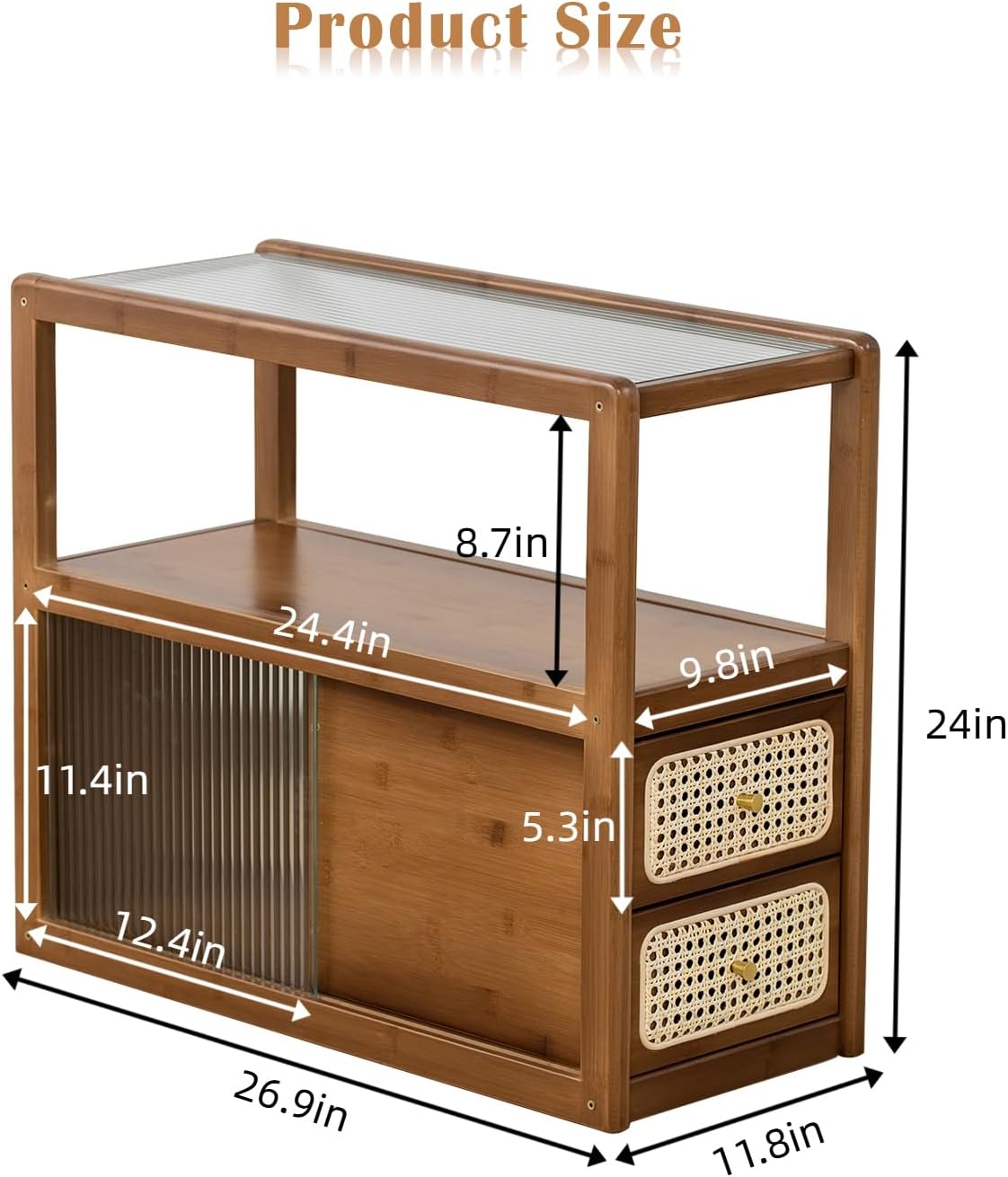 Bamboo Side Table Nightstand with Rattan Drawer & Glass Top – Multi-Function End Table, Nightstands with Storage for Bedroom, Living Room, and Small Spaces, Walnut