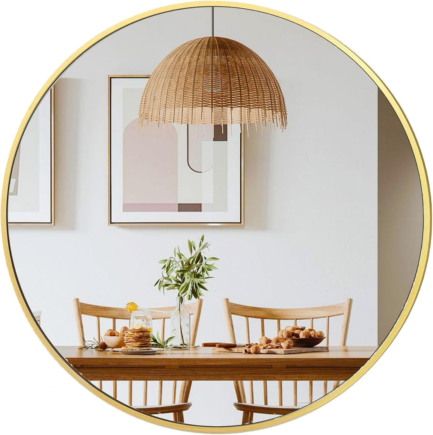 36 inch Gold Circle Wall Mirror, Brushed Gold Metal Framed Round Mirror for Bathroom Vanity, Bedroom Decor, Living Room, Entryway