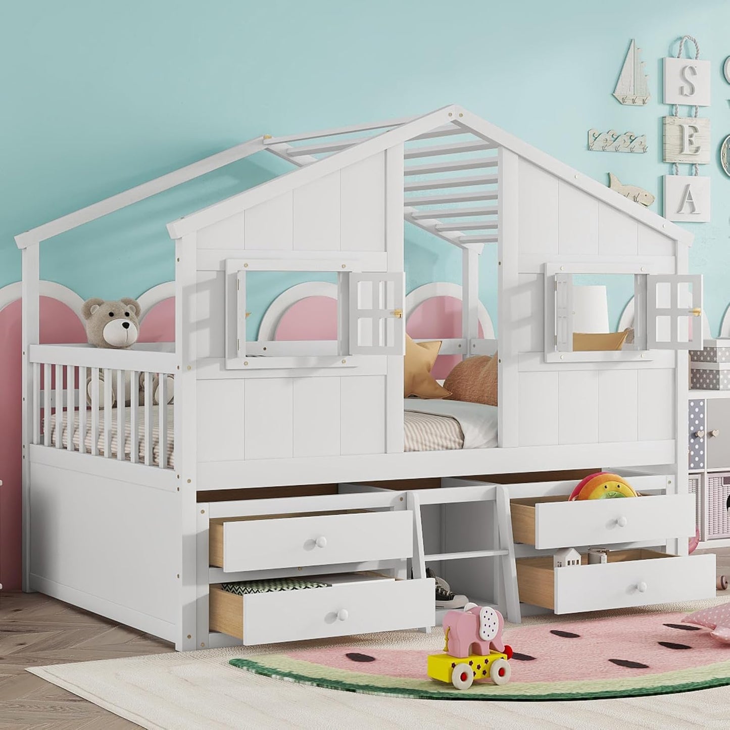 KEIKI Full Size Wooden House-Shaped Loft Bed with Roof, Windows, 4 Storage Drawers, Guardrail, Ladder, for Boys and Girls, Loft Bed with Slat, Easy Assembly, No Box Spring Required, for Bedroom, White