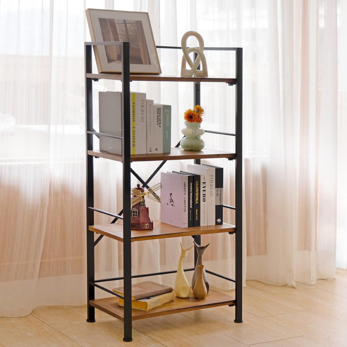 Crofy Rustic Bookshelf, 4 Tier Real Wood Bookshelf, Metal Book Shelf for Storage, Black Bookcase, 12.6" D x 23.62" W x 50.39" H