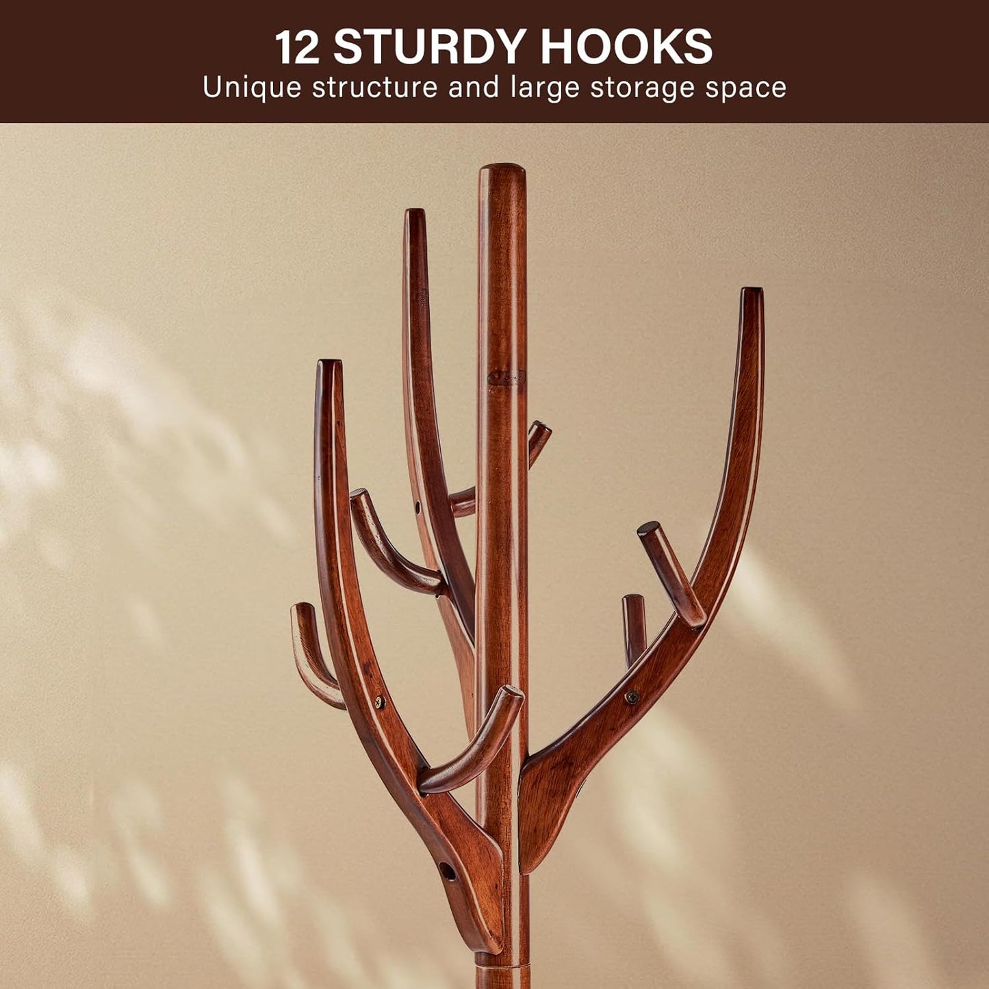 CozyDH Coat Rack Freestanding Solid Wood Coat Rack Stand, Coat Tree Freestanding with 12 Hooks Creative Tree Branch-look for Entryway, Hallway, Bedroom (Walnut)