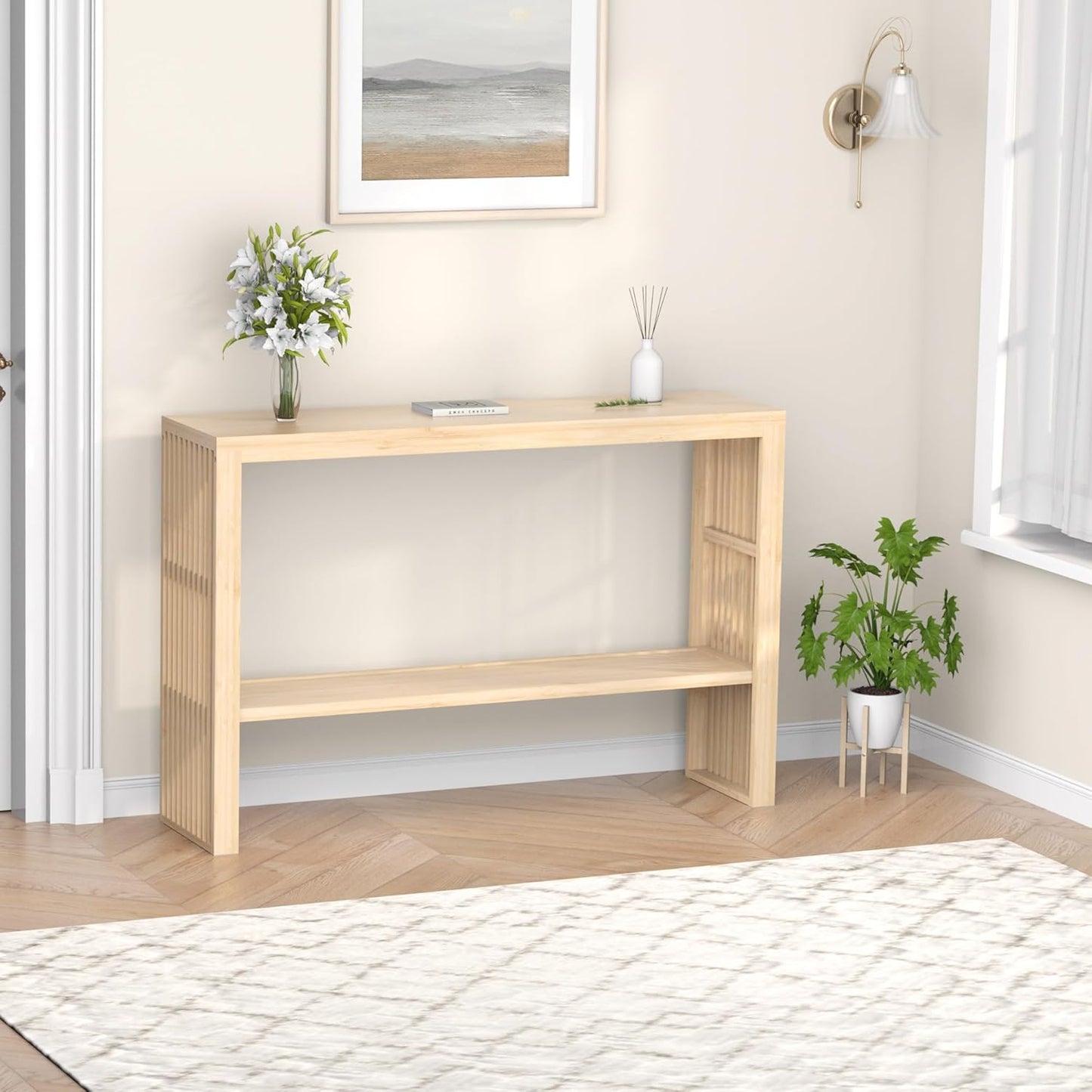 Bamboo Wood Entryway Table 47.2" Console Table, 2-Tier Farmhouse Narrow Sofa Table with Grille-Inspired Sides Easy Assembly for Entrance, Hallway, Living Room, Bedroom, Foyer(Natural)