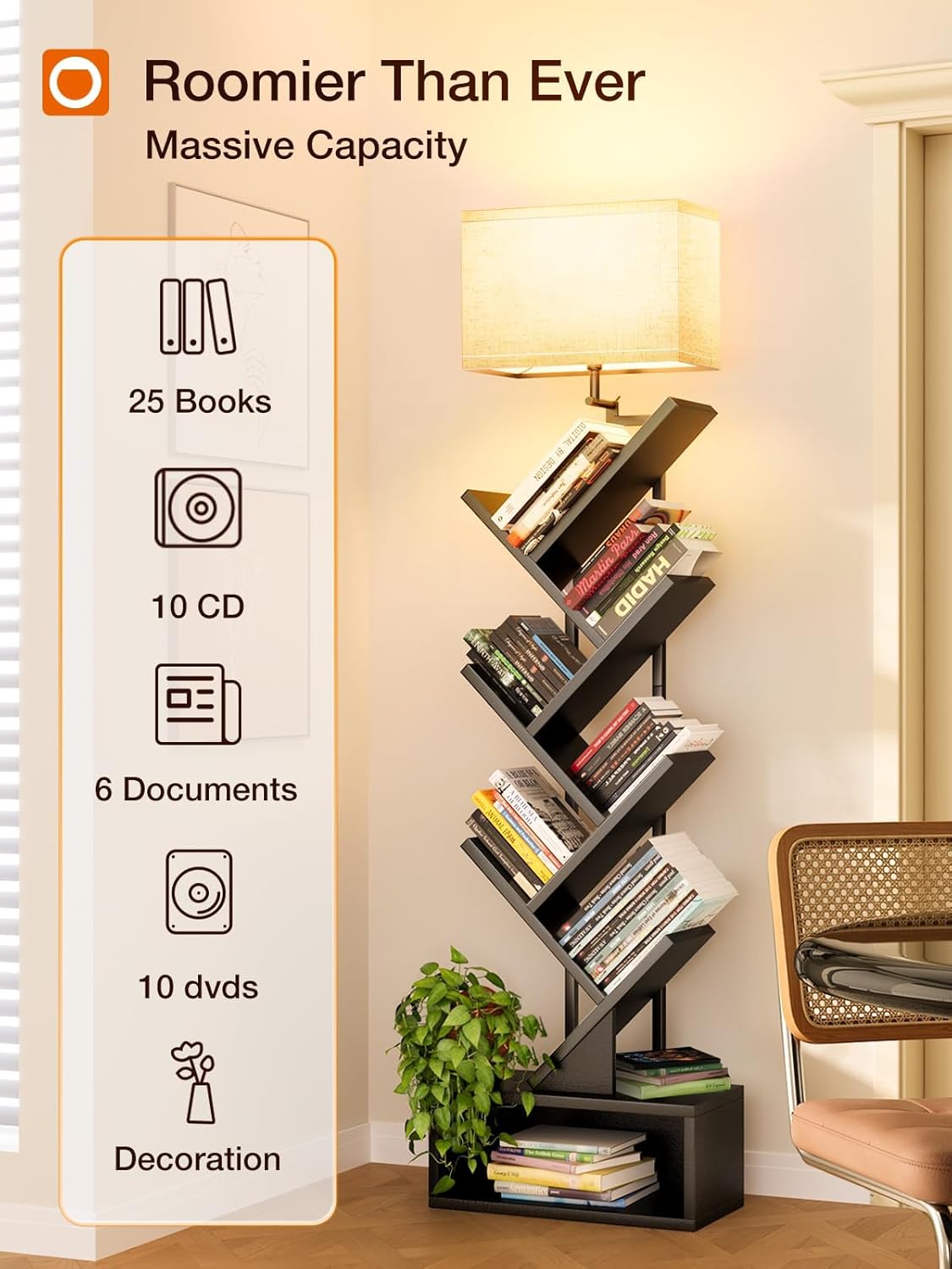 addlon 6-Tier Tree Bookshelf, Steel&Wood Corner Shelf with 3CCT Bulb,Small Book Shelf for Bedroom, Home Office&Living Room-Rustic Brown-Black Oak