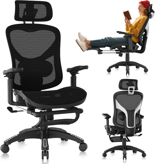 Ergonomic Office Chair, Mesh Desk Chair with Footrest, 3D Armrest - 215° Rotation, Adjustable Lumbar Support & Headrest, 90°-120° Tilt Lock, Big and Tall Computer Gaming Chairs, Black