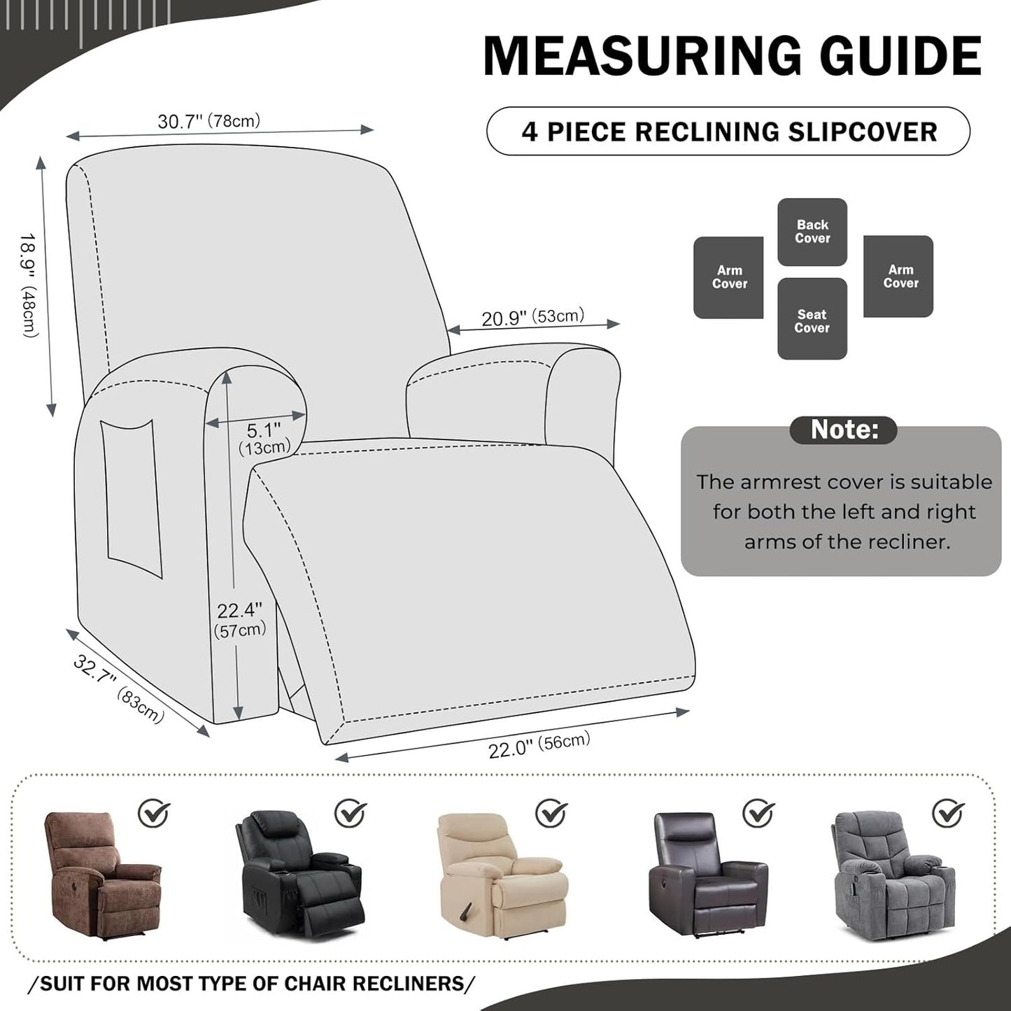 vctops 4 Pieces Geometric Jacquard Plush Recliner Slipcovers Soft Fuzzy Fluffy Sofa Couch Cover Anti-Slip Furniture Protector with Elastic Bottom for Kids Cats Dogs(Dark Grey,1 Seat)