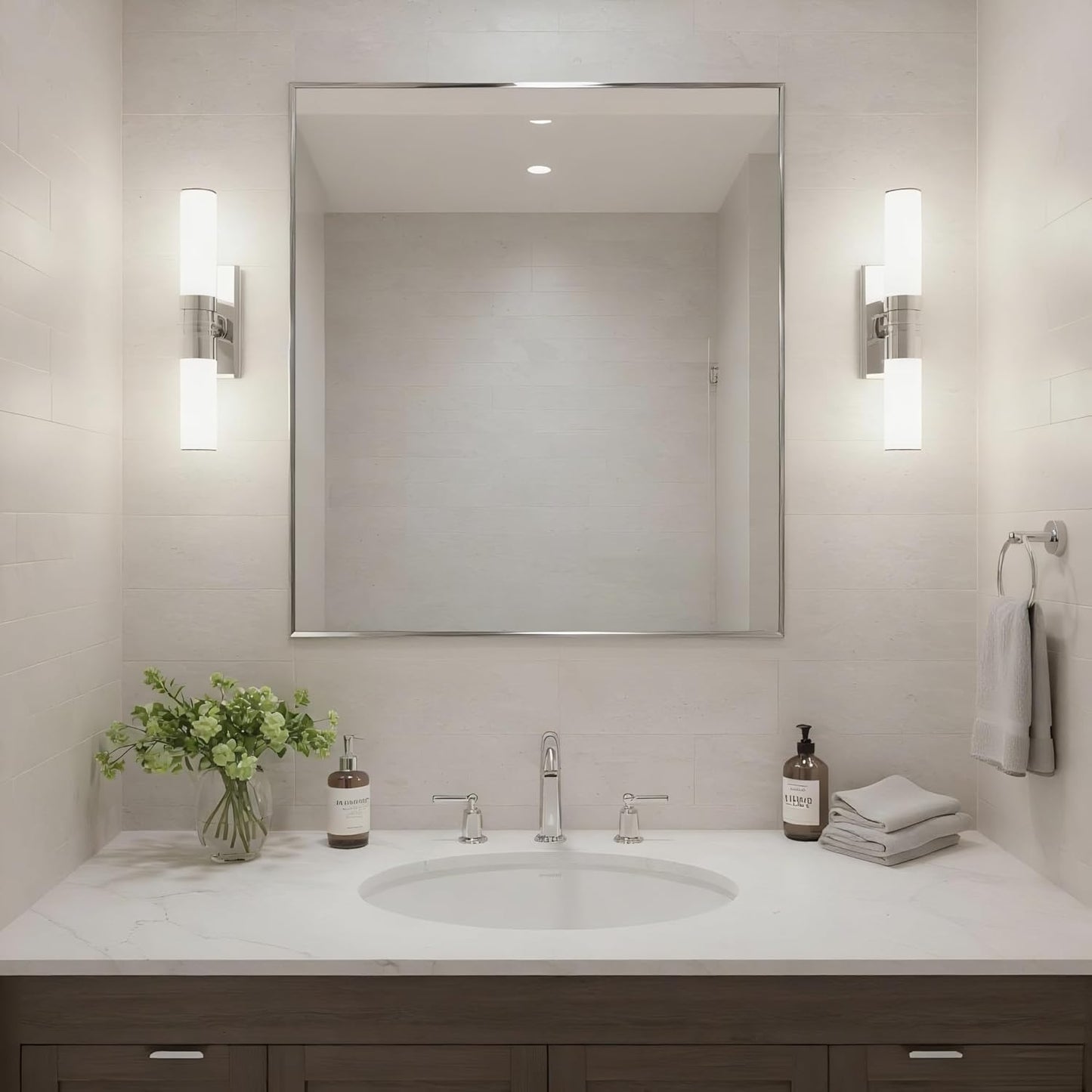 24x32 Inch Nickel Bathroom Mirror for Wall, Aluminum Frame Rectangle Rectangular Vanity Mirror, Modern Large for Bedroom, Living Room, Horizontal or Vertical