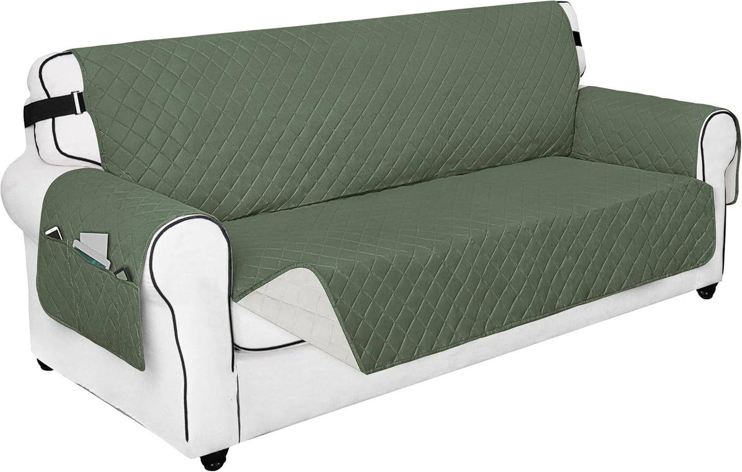PureFit Reversible Sofa Couch Cover Water Resistant Couch Covers for 3 Cushion, Washable Furniture Cover with Non-Slip Foam and Adjustable Strap for Dogs, Pets (Oversized Sofa, Grayish Green/Ivory)