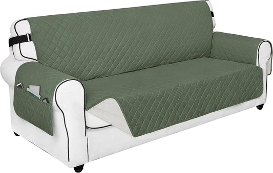 PureFit Reversible Sofa Couch Cover Water Resistant Couch Covers for 3 Cushion, Washable Furniture Cover with Non-Slip Foam and Adjustable Strap for Dogs, Pets (Oversized Sofa, Grayish Green/Ivory)