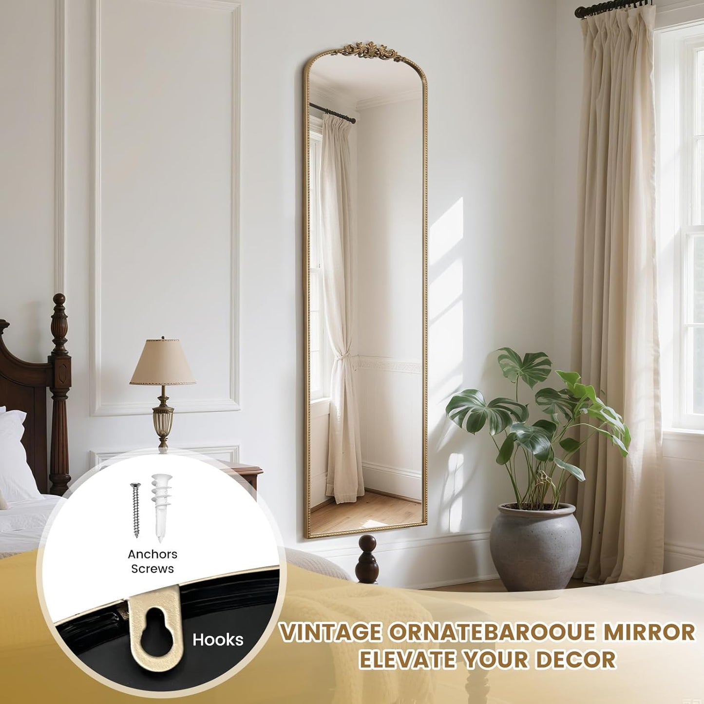 WallBeyond Arched Full Length Mirror Wall Mounted, 21x78 Inch Gold Antique Mirror, Vintage Metal Frame Full Body Mirro for Bedroom, Living Room, Hanging or Leaning