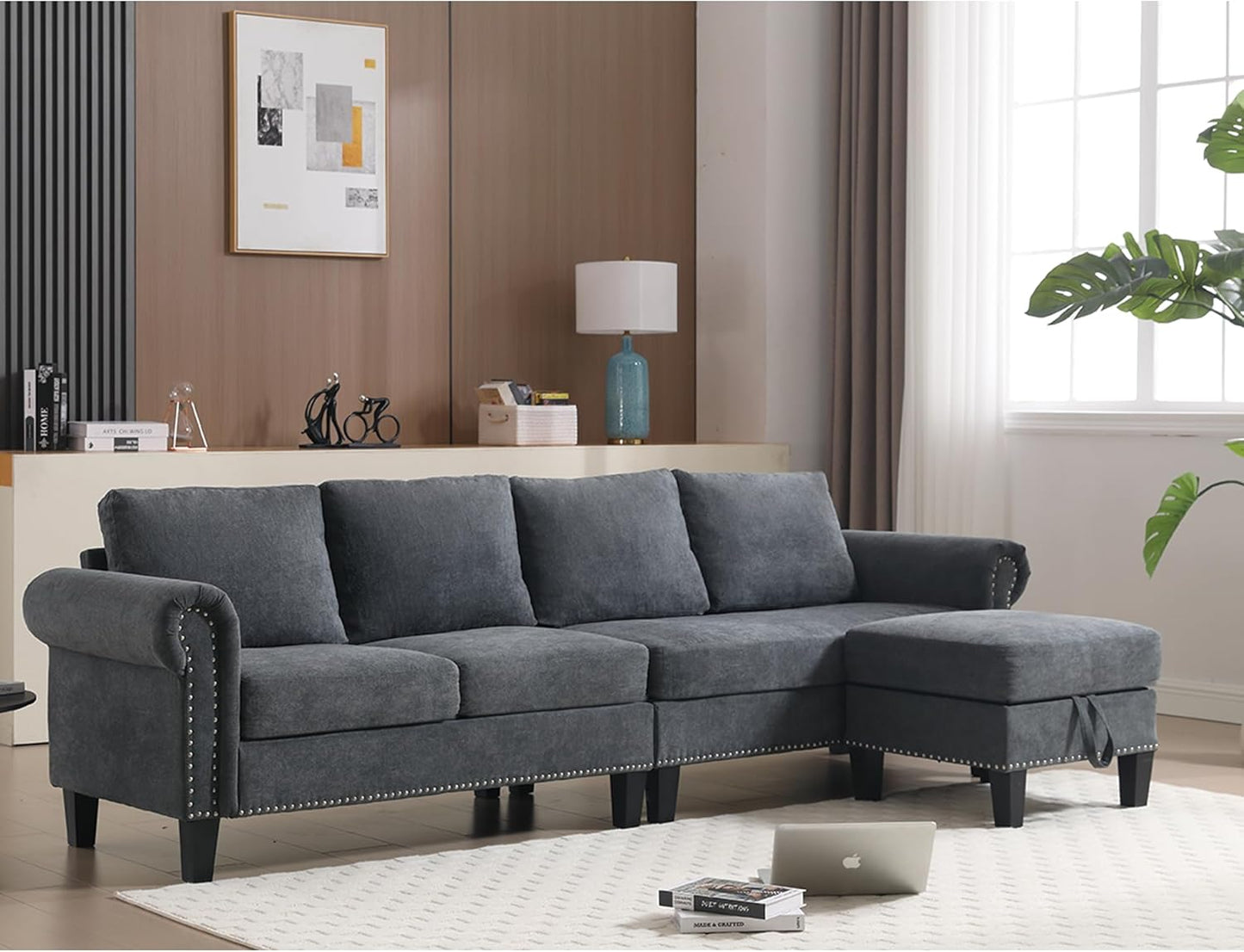 Ball & Cast 106" Convertible Sectional Sofa with Storage Chaise, Linen Upholstered 4 Seater Couch with Back Cushions and Removable Ottoman for Living Room, Apartment, Office,Gray