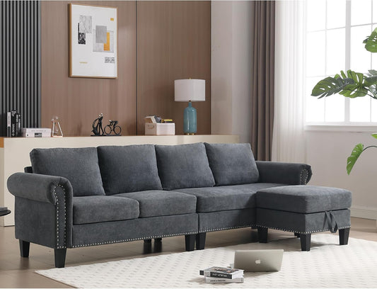 Ball & Cast 106" Convertible Sectional Sofa with Storage Chaise, Linen Upholstered 4 Seater Couch with Back Cushions and Removable Ottoman for Living Room, Apartment, Office,Gray