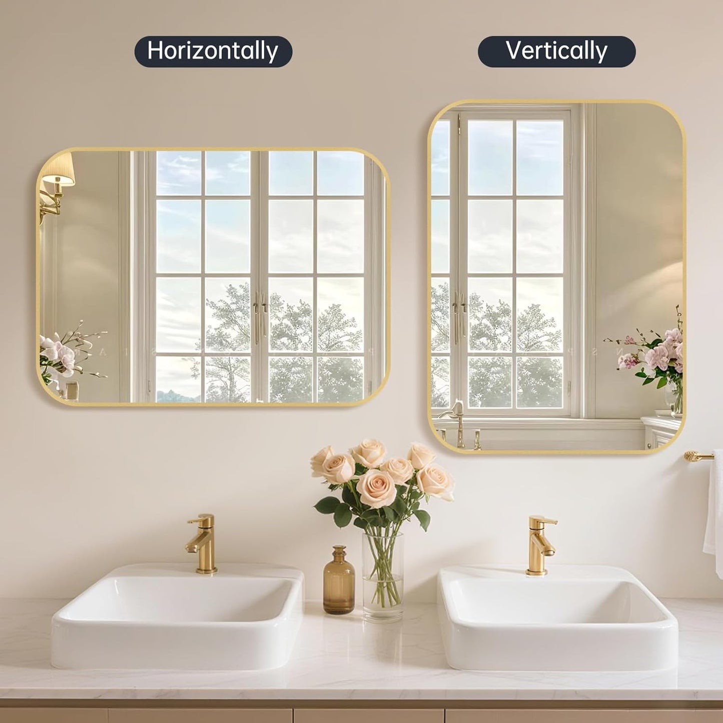 24x32 Inch Bathroom Mirror for Wall, Gold Framed Rectangle with Rounded Corner, Aluminum Alloy Brushed for Bedroom or Living Room, Vertical or Horizontal