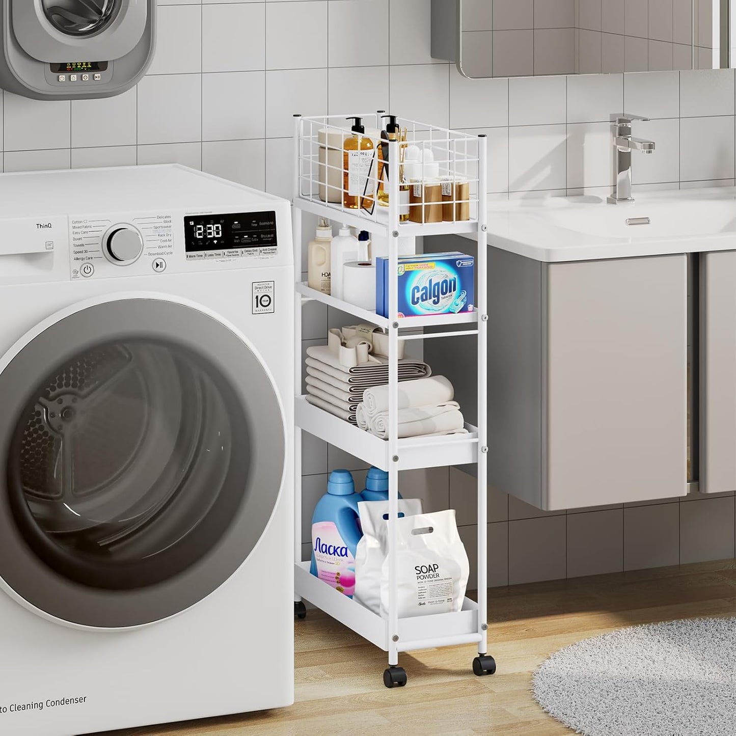 KINGRACK Slim Storage Cart, 4-Tier Metal Utility Rolling Cart with Wheels, Narrow Mobile Shelving Unit, Bathroom Storage Organizer, for Office, Kitchen Bathroom, Laundry Room, Narrow Places, White