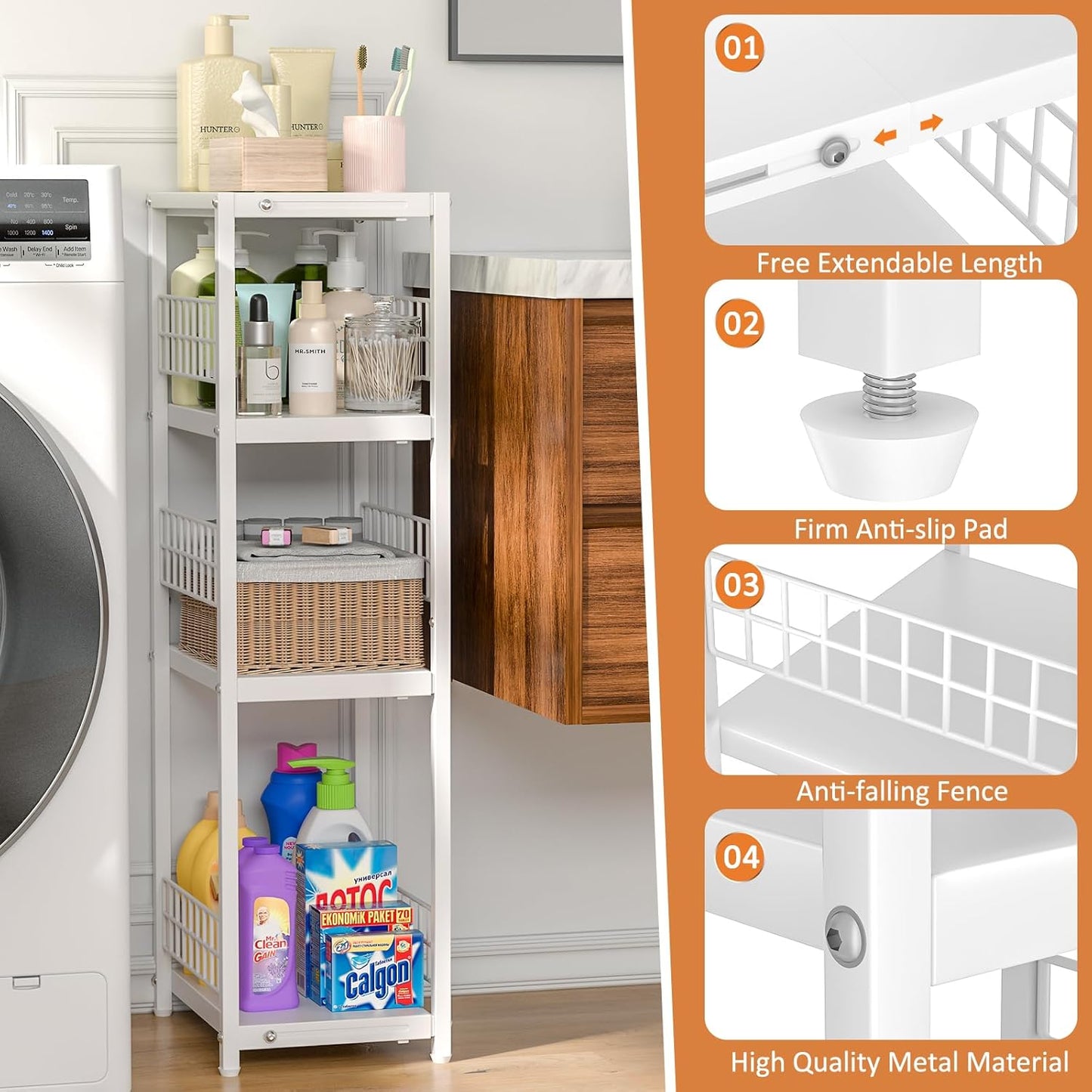 4 Tier Expandable Slim Storage Shelf, Metal Shelving Unit for Bathroom Storage Organizer, Freestanding Narrow Shelf for Small Spaces, Open Floor Shelves for Bathroom, Laundry Room, Kitchen,White