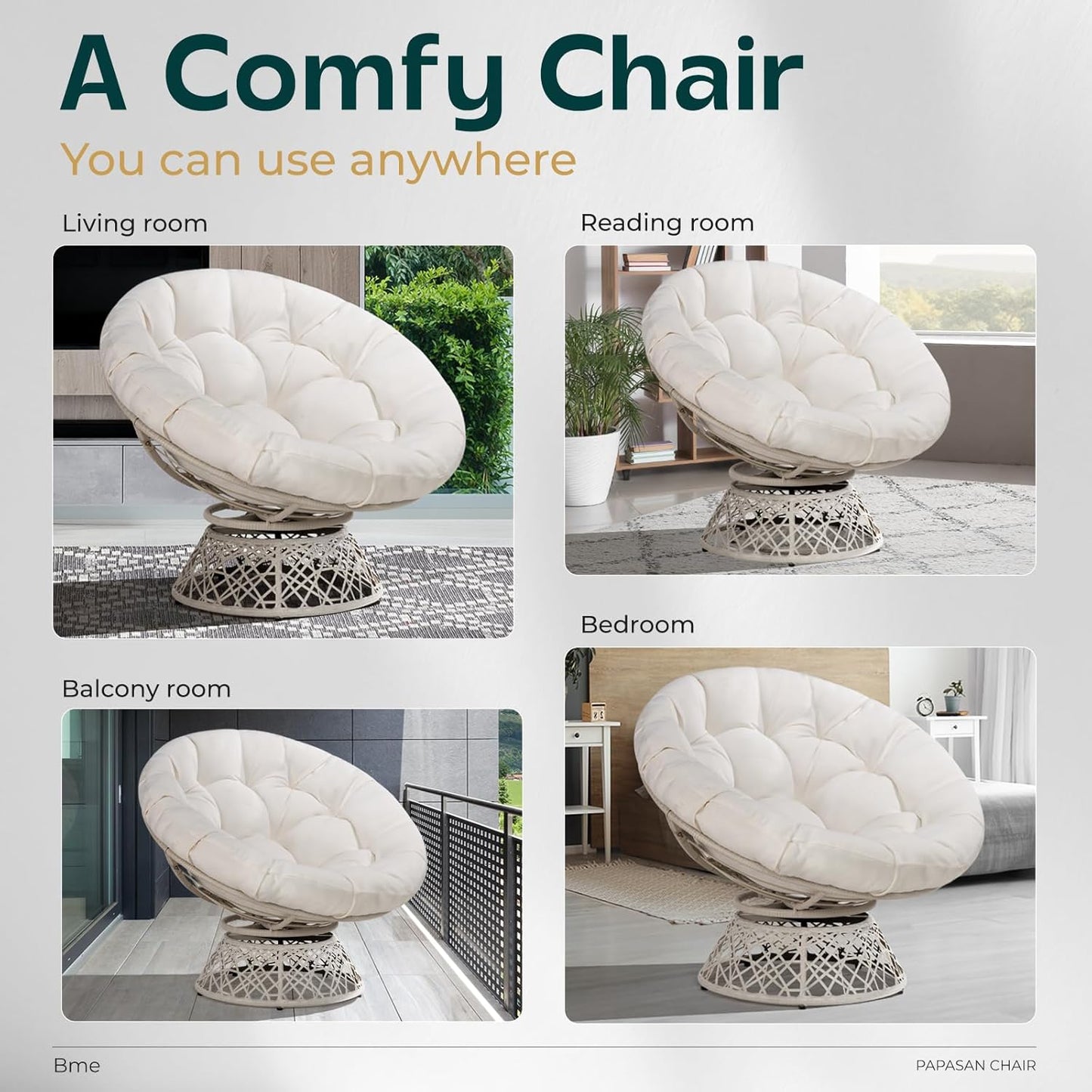 Bme 40" Ergonomic Wicker Papasan Chair with Soft Thick Density Fabric Cushion, High Capacity Steel Frame, 360 Degree Swivel for Living, Bedroom, Reading Room, Lounge