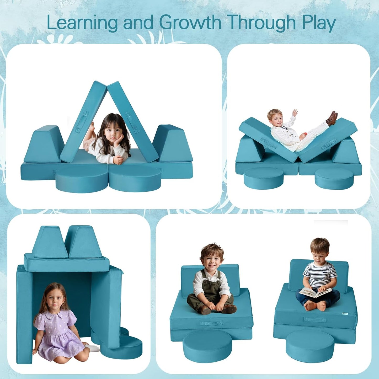 MeMoreCool Modular Kids Play Couch Sofa, 8-Piece Convertible Turquoise Toddler Sofa Play Set for Playroom and Baby