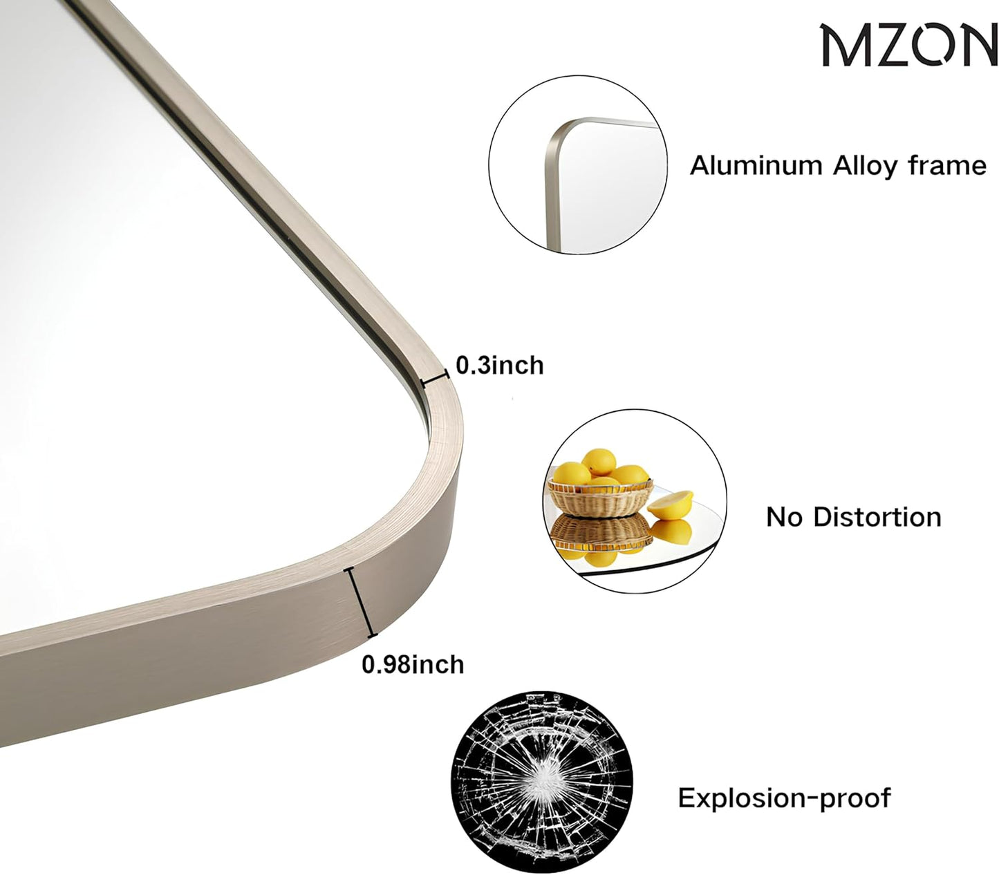 MZON 30x36Inch Brushed Nickel Bathroom Mirror, Large Rectangle Wall Mirror for Bathroom or Living Room, Anti-Rust Frame & Tempered Glass, Horizontal/Vertical Mount - Timeless&Elegance Wall Decor