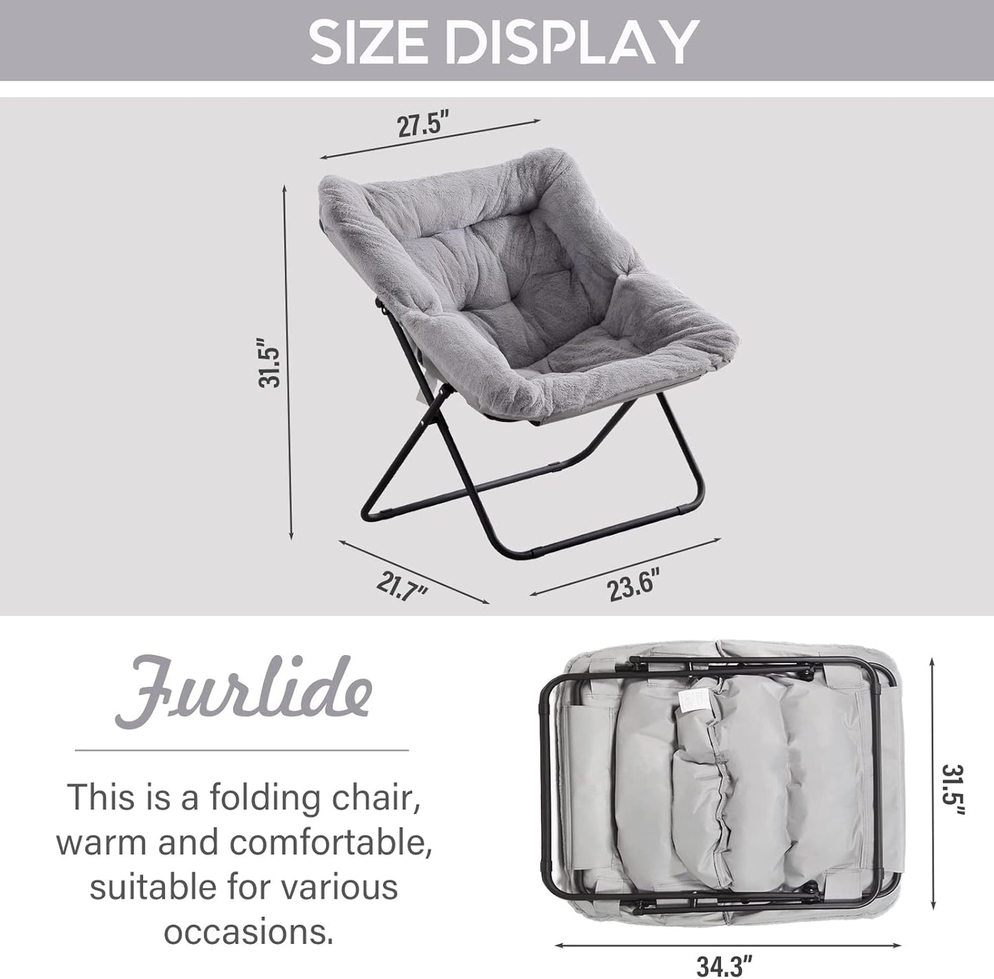 Comfy Dorm Chair - Oversized Folding Saucer Chair with Soft Faux Fur, Metal Frame, for Bedroom, Living Room, Balcony, Patio, Study, Playroom (Grey)