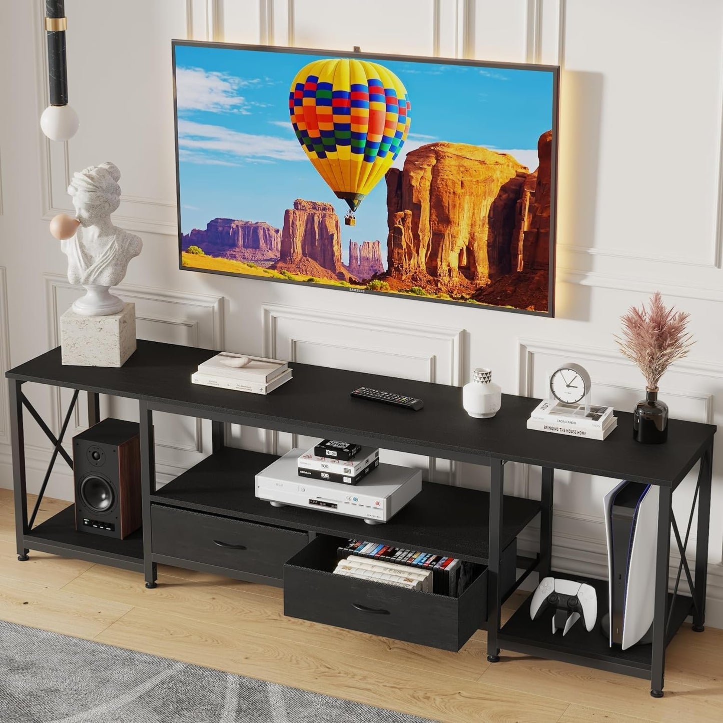 TV Stand with Fabric Drawer for 50 55 Inches TV - Entertainment Center and Industrial TV Console Table with Open Storage Shelves for Living Room, Bedroom - 47" Black