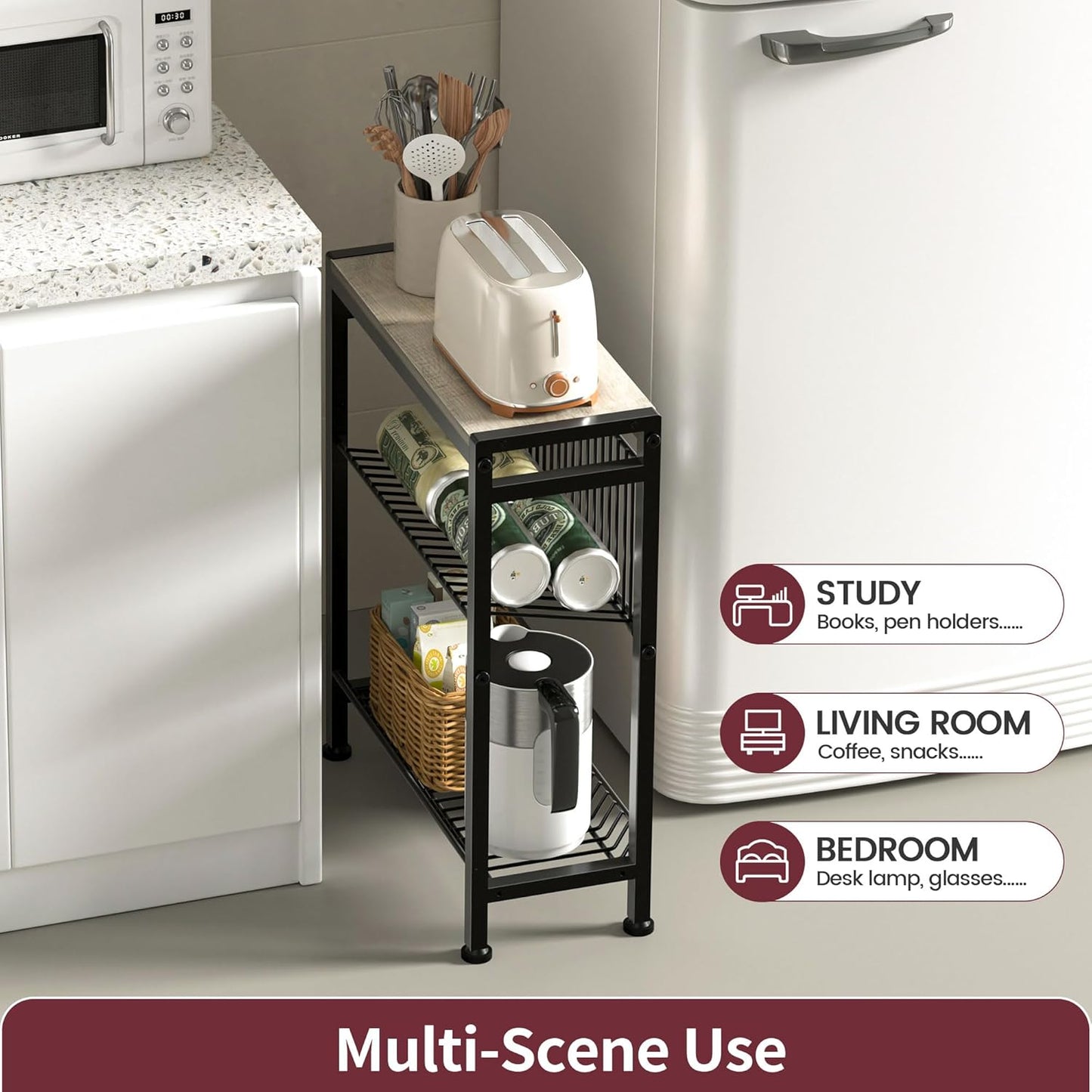 Narrow Side Table for Small Space, 3-Tier End Table with Magazine Holder, Slim Nightstand with Wire Shelf, Skinny Bedside Table in Living Room, Bedroom, Study, Kitchen and Balcony(Greige)