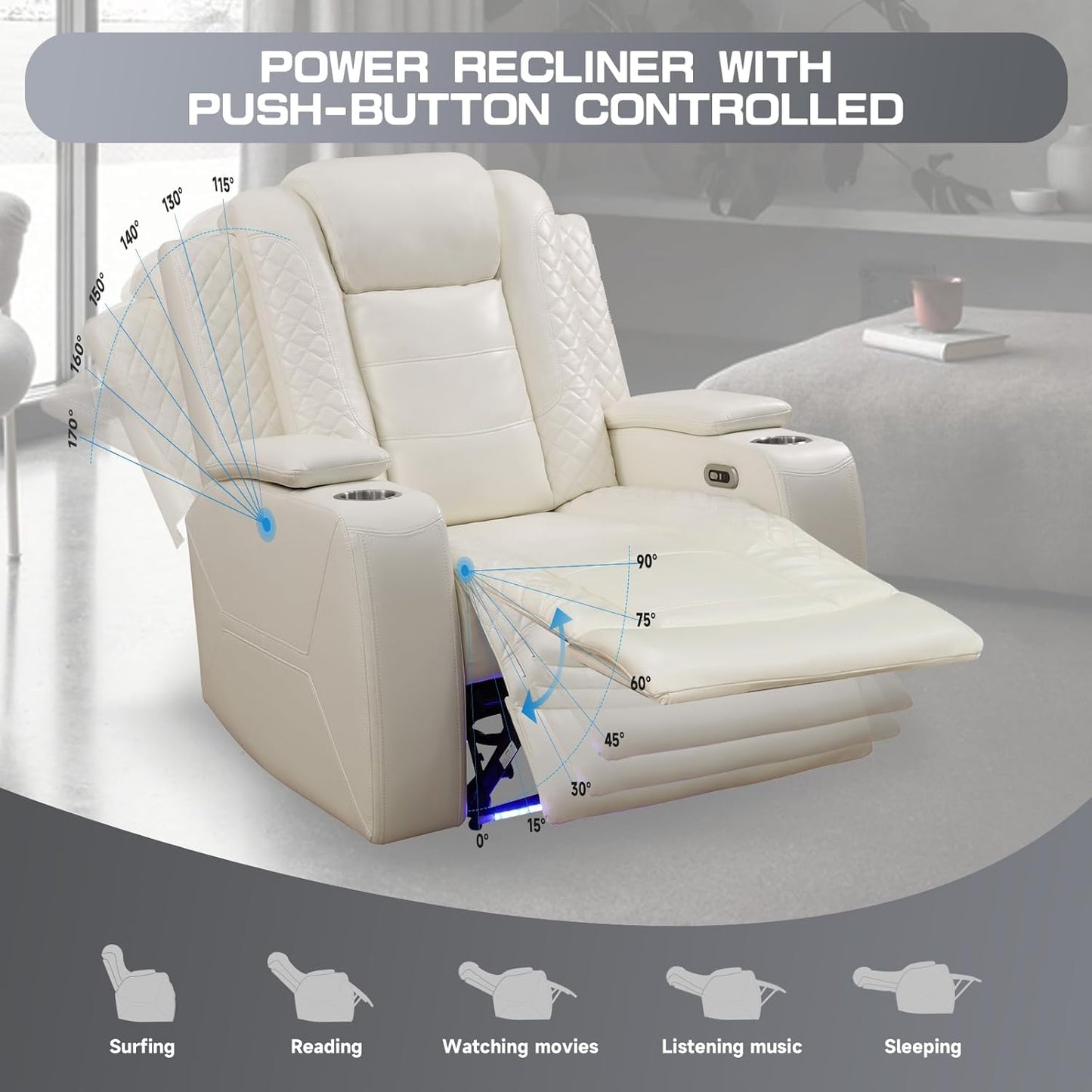 3+2+1 PU Leather Power Sectional Sofa Set, Living Room Furniture, Reclining Couch, Loveseat, Chair with LED Light/USB Ports/Storage Armrests/Center Console/Cup Holders/Wireless Chargers/Coffee Table