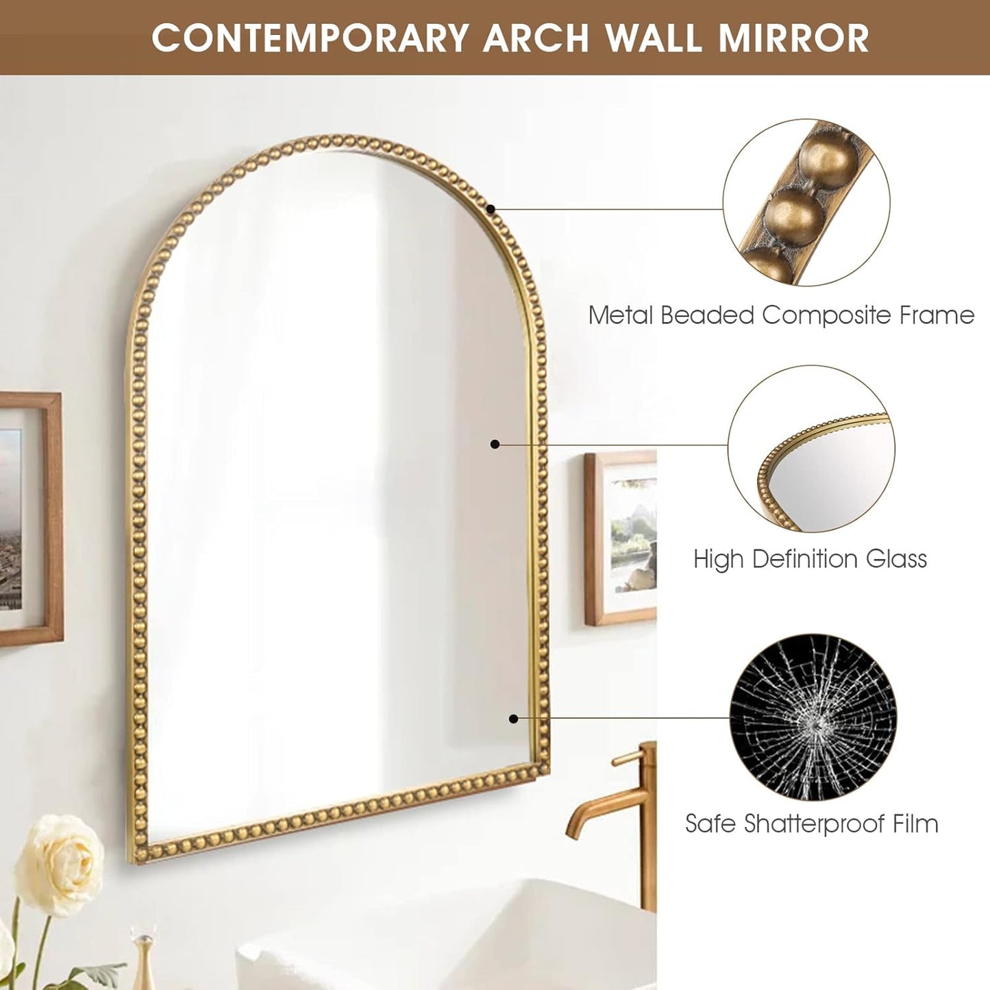 Arched Wall Mirror for Bathroom, 20"x30" Metal Beaded Frame Decorative Accent Mirror, Large Modern Distressed Hanging Wall Decor for Washroom, Bedroom, Living Room, Entryway, Antique Gold