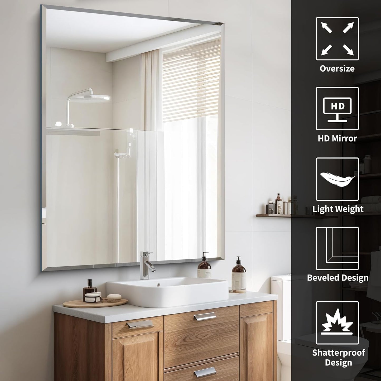 Beveled Bathroom Mirror, 36x48 Inch Large Bathroom Mirrors for Over Sink, Upgraded Shatterproof Beveled Frameless Vanity Mirror for Bathroom,Bedroom,Living Room and Entryway