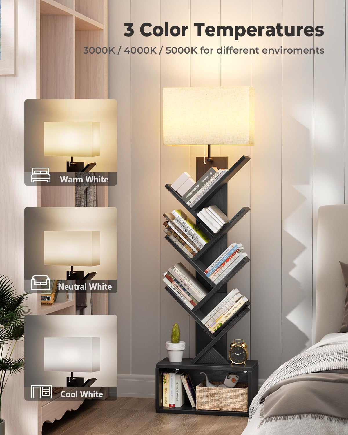 6 Tier Tree Bookshelf with Light, Narrow Bookcase Tower, Tall Floor Standing Book Shelf Organizer with Storage Cabinet for Living Room, Bedroom and Home Office, Black