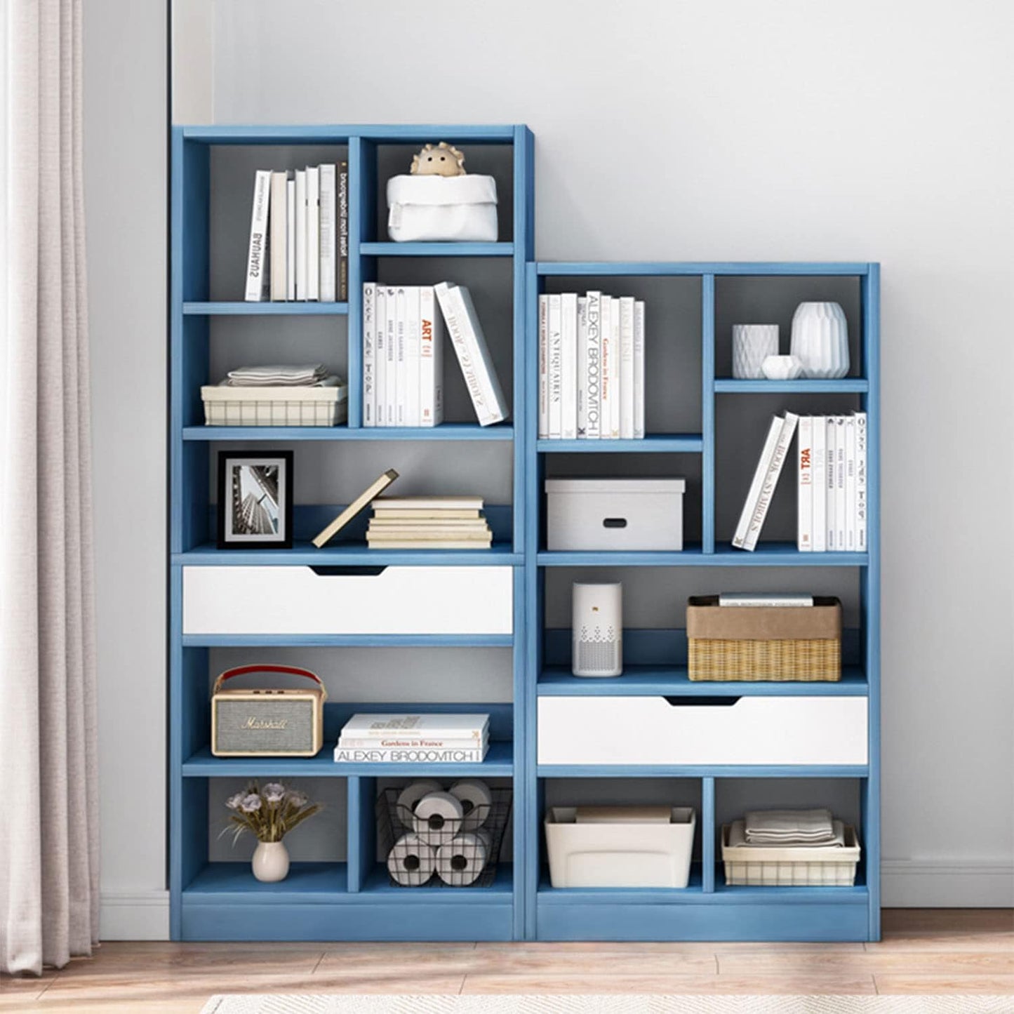 IOTXY Wooden Open Shelf Bookcase - 61" Height Freestanding Display Storage Cabinet Organizer with 8 Cubes and a Drawer, Floor Standing Bookshelf, Blue